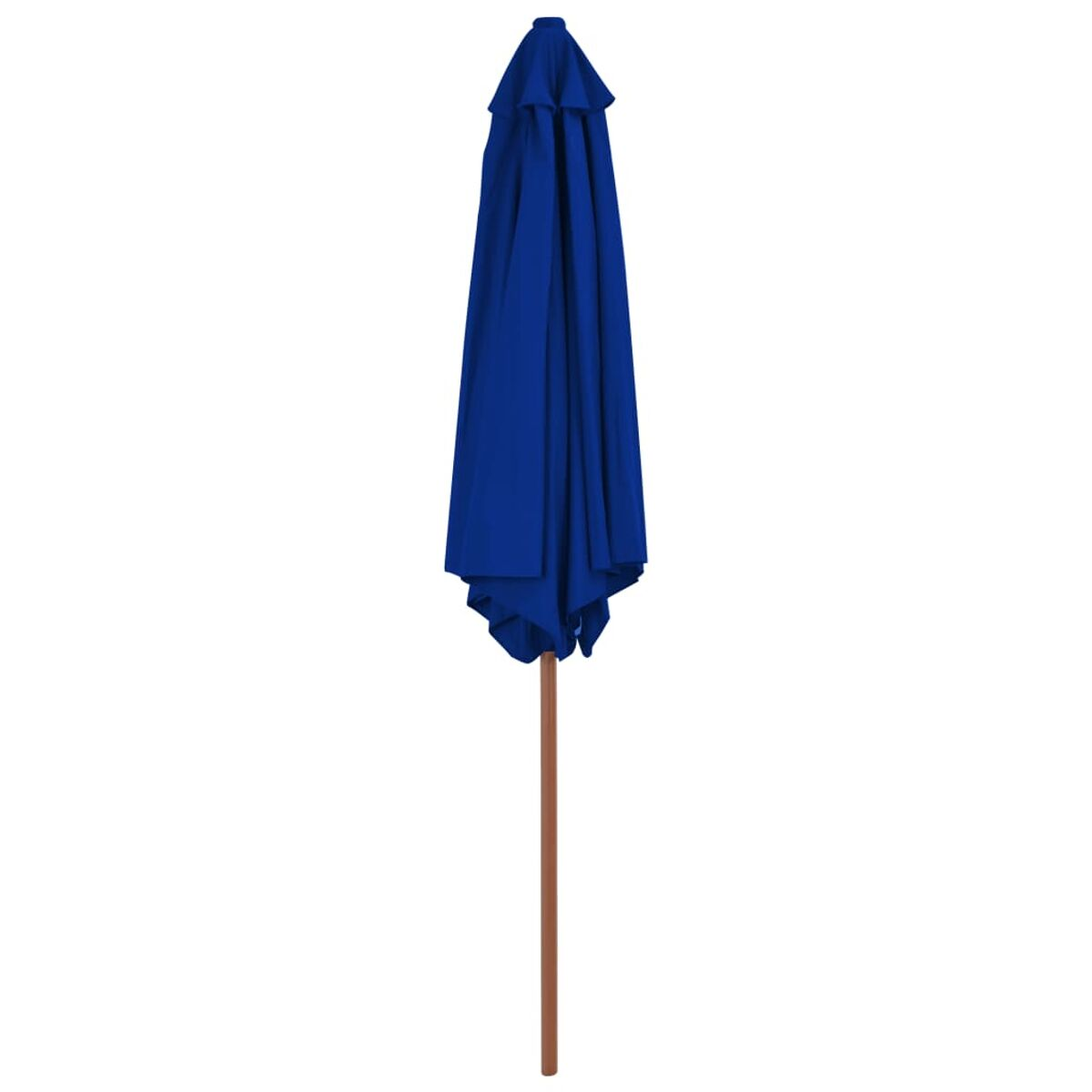 Blauer Schirm, geschlossen, mit Holzstiel. Der Schirm ist zusammengeklappt.