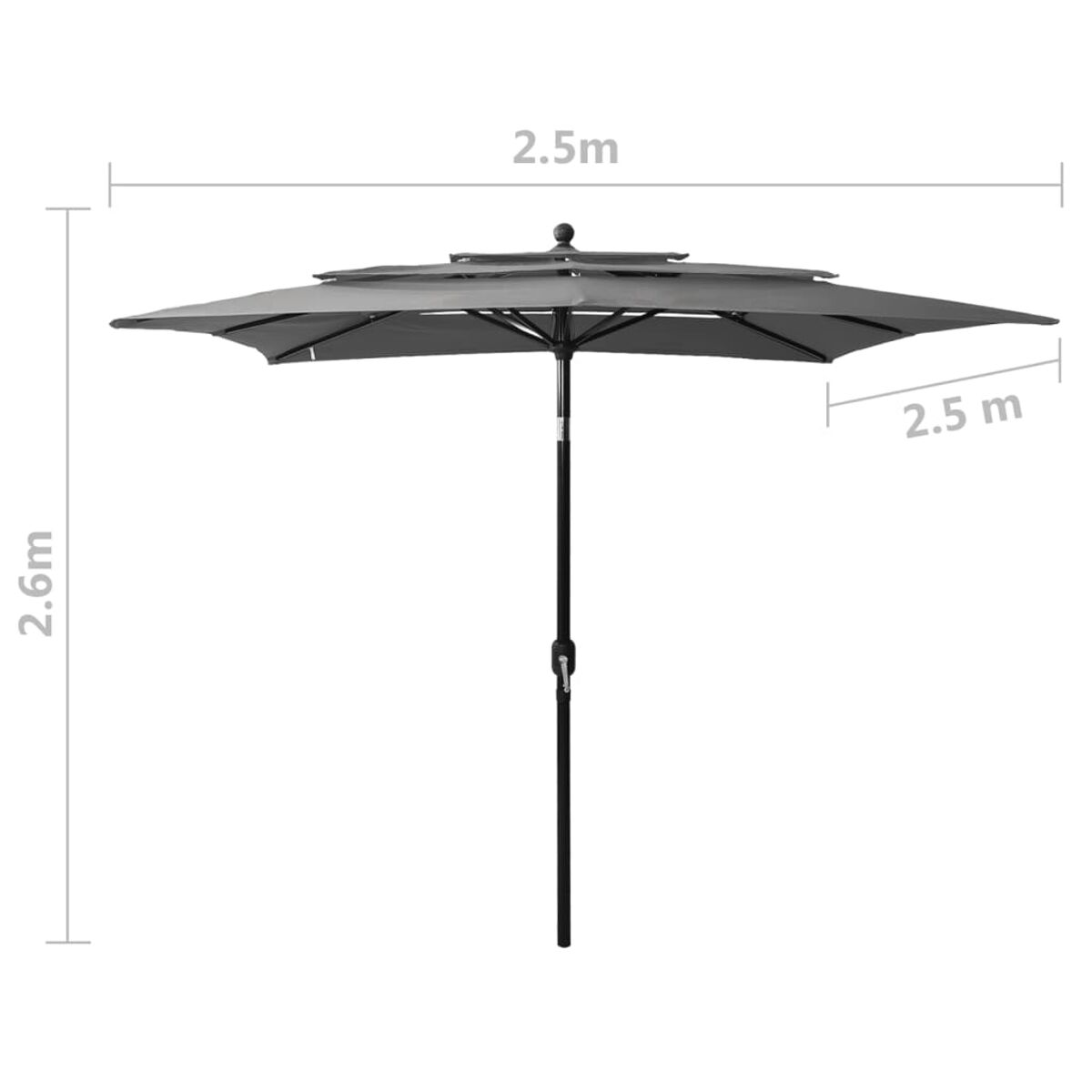 Dreistufiger grauer Sonnenschirm mit Maßangaben: 2,5 m x 2,5 m x 2,6 m.