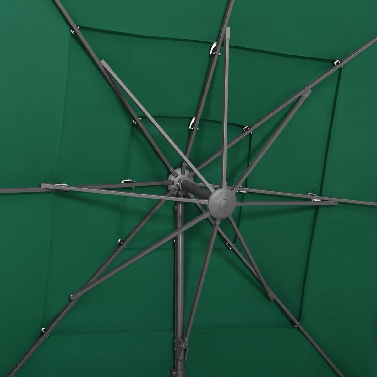 Draufsicht auf einen grünen Regenschirm. Das Metallgestell ist sichtbar, mit Speichen, die nach außen strahlen.