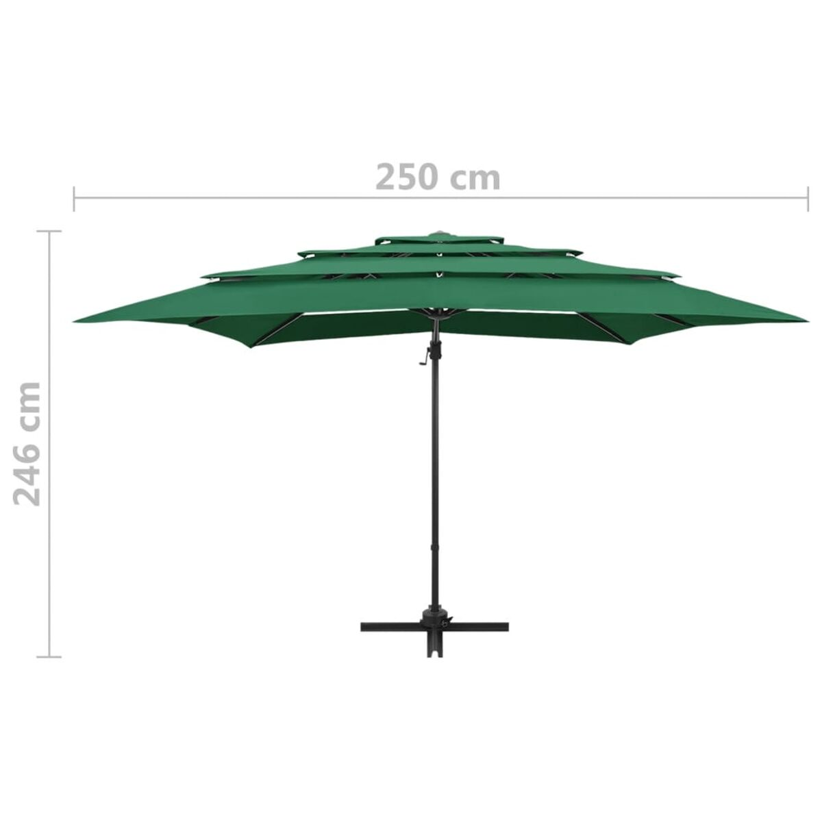 Grüner dreistufiger Sonnenschirm mit schwarzem Pfahl und Fuß. Maße: 250 cm und 246 cm.