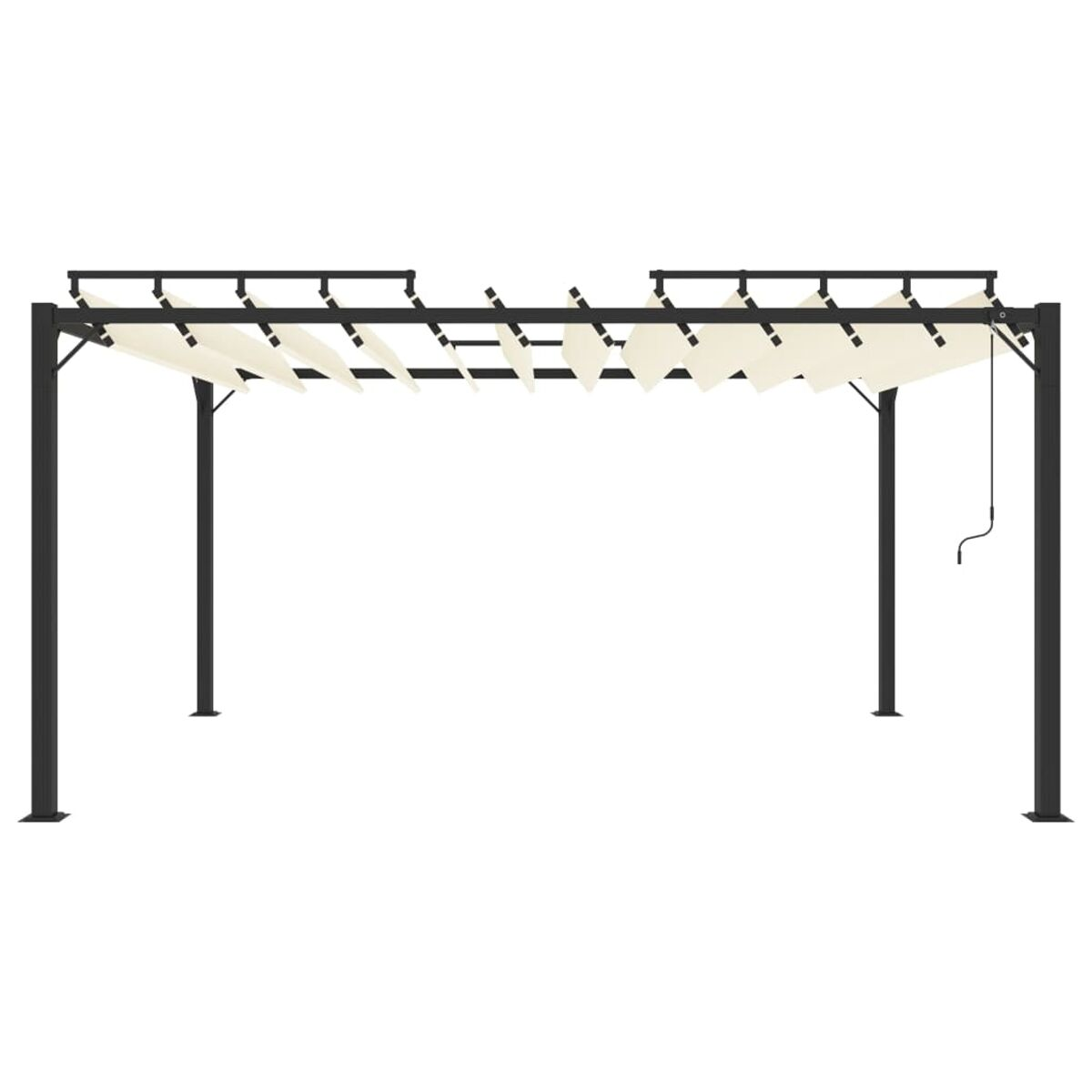 Eine Metallpergola mit weißen Stoffschirmen, aus niedrigem Winkel gesehen.