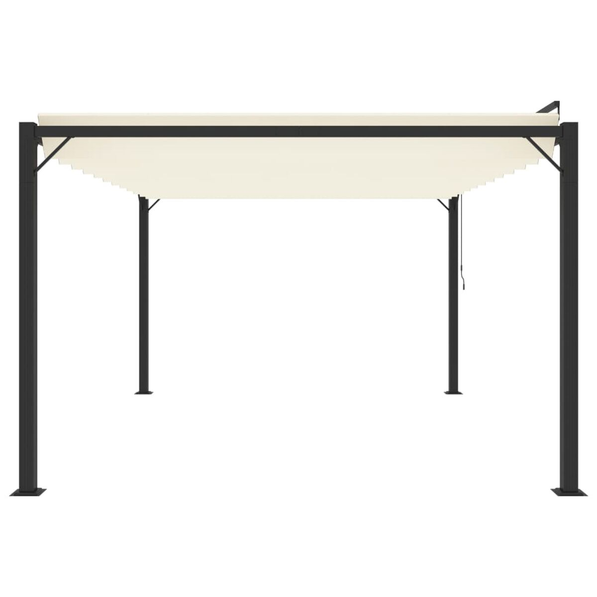 Schwarze Pergola mit cremefarbenem Dach auf weißem Hintergrund.