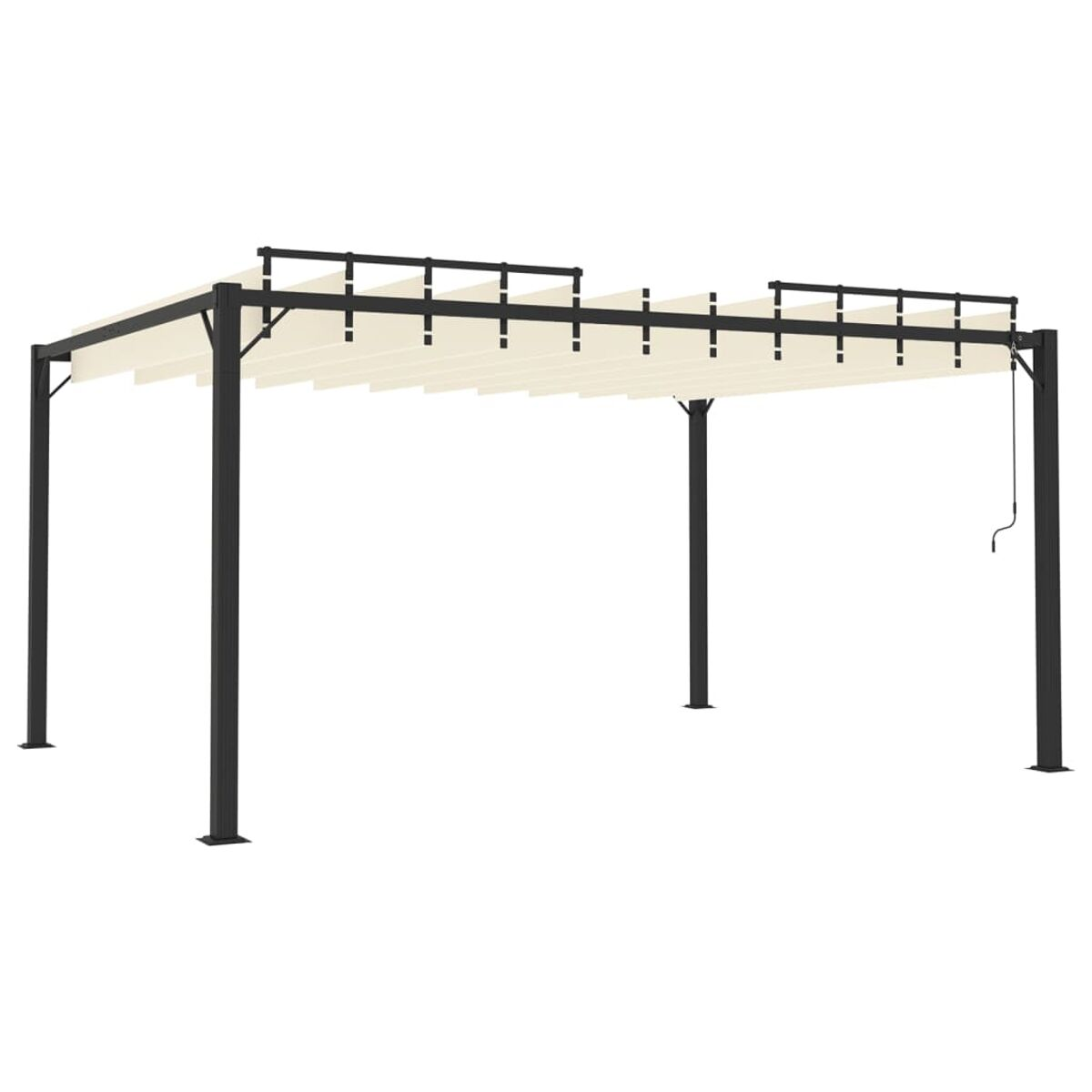 Schwarze Metallpergola mit beigem Baldachin. Die Struktur hat mehrere Stützen.