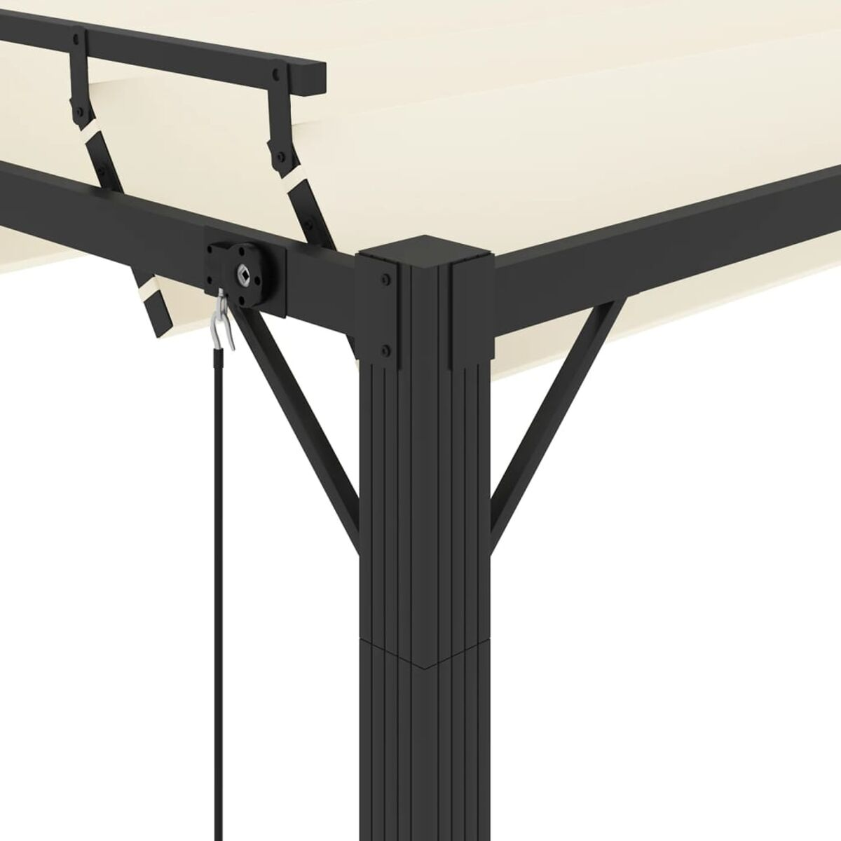 Nahaufnahme einer schwarzen Pergola-Ecke mit Rahmen, Verbinder und Spannsystem.