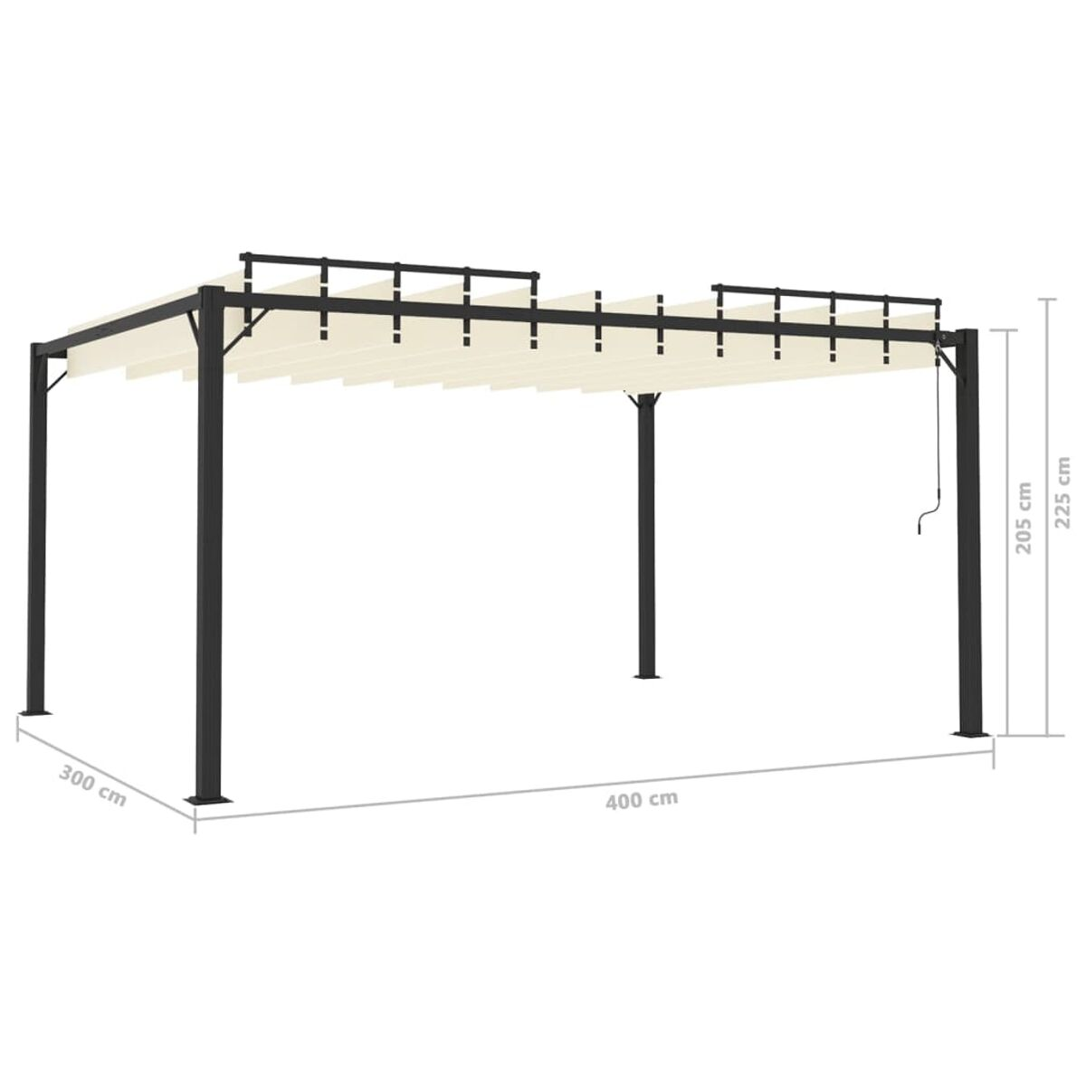 Pergola mit den Maßen: 300 cm breit und 205 cm hoch. Beiges Stoffdach mit schwarzem Rahmen.