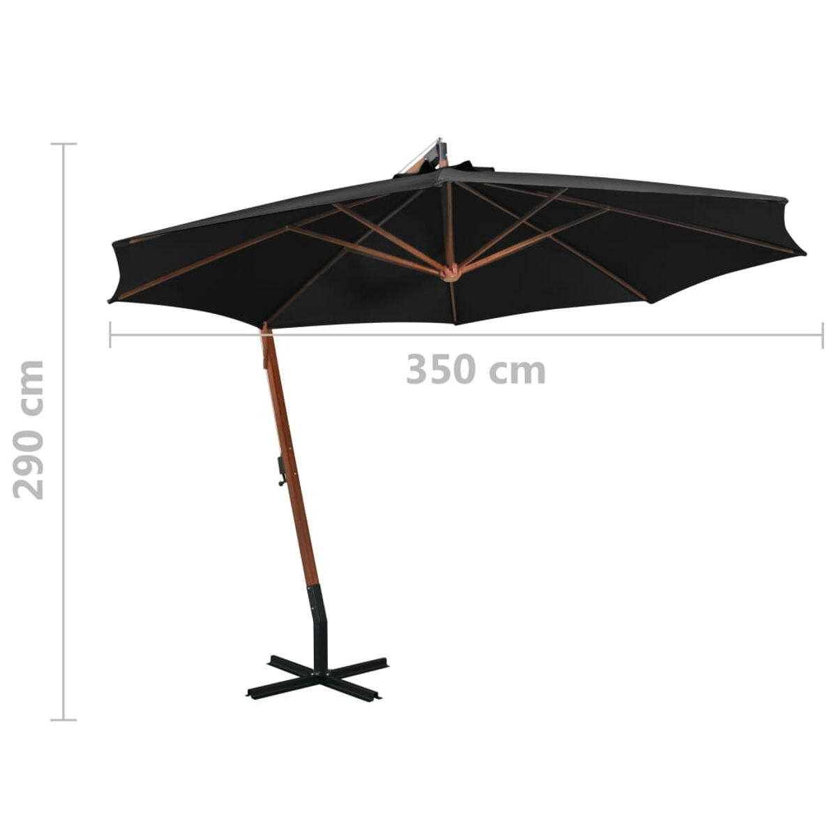 Schwarzer Regenschirm mit Holzstange und -fuß. Maße: 350 cm x 290 cm.
