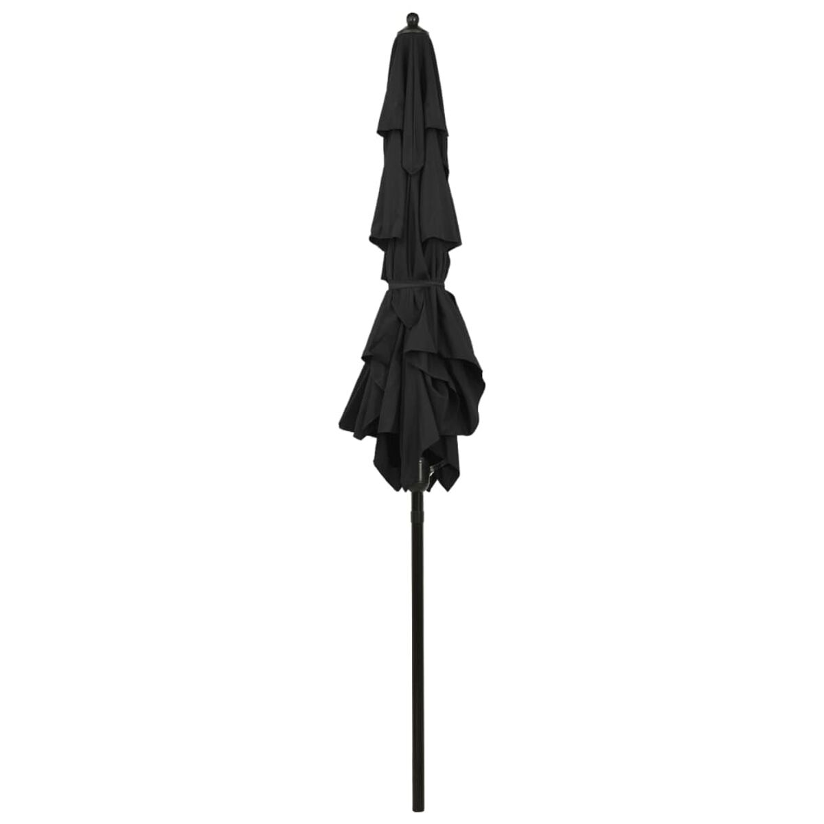 Schwarzer, geschlossener Schirm mit schwarzem Stab. Der Stoff des Schirms ist gerafft.