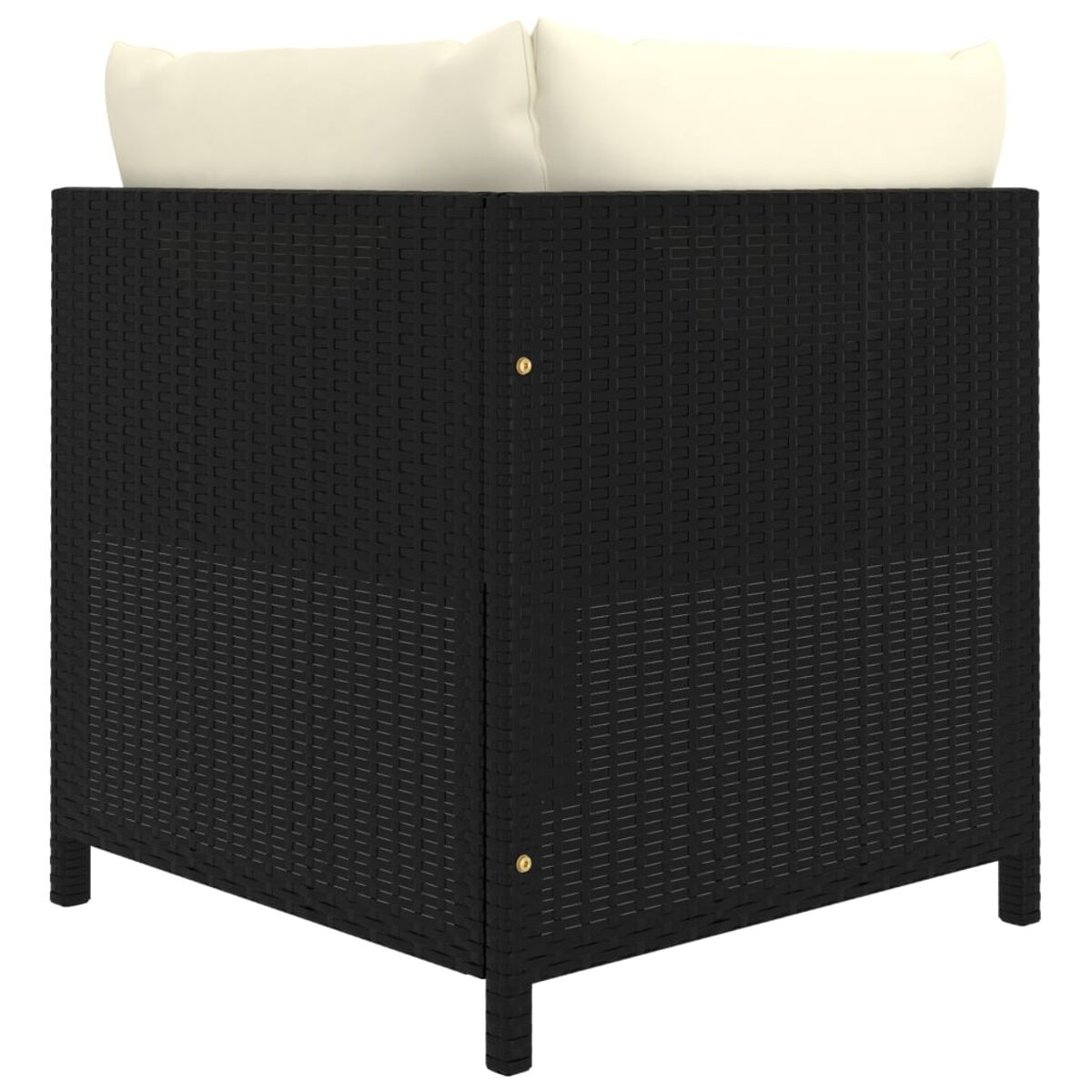 Ein schwarzes Ecksofa für den Außenbereich mit gewebter Textur und zwei weißen Kissen wird von der Seite gezeigt.