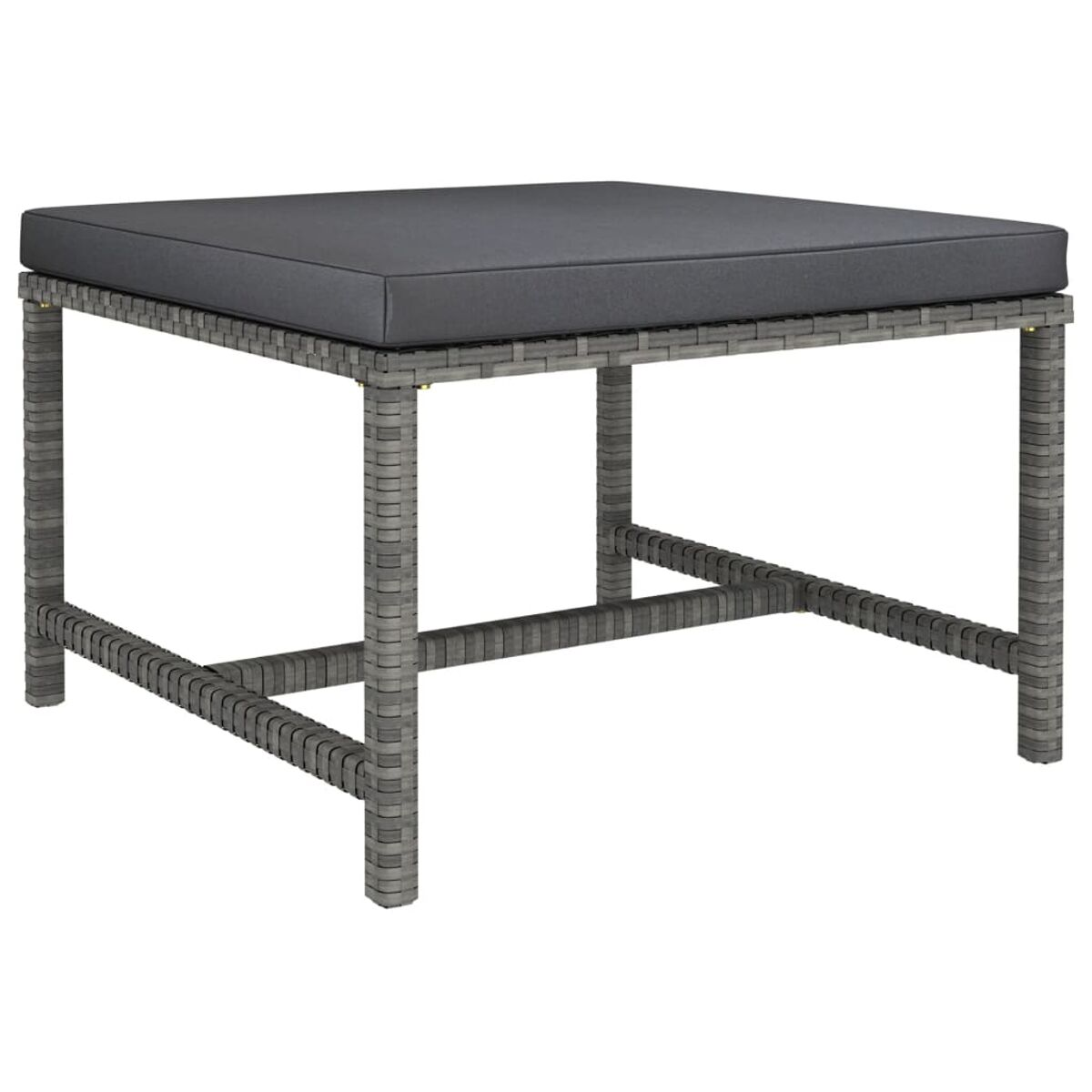 Grauer quadratischer Outdoor-Hocker mit Kissen. Weißer Hintergrund.