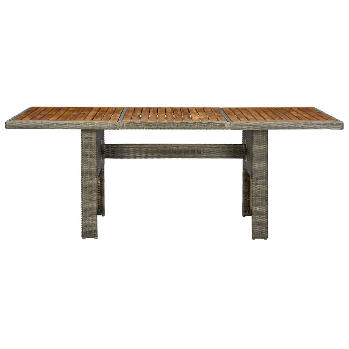 Rechteckiger Tisch mit Holzplatte und grauem Untergestell.