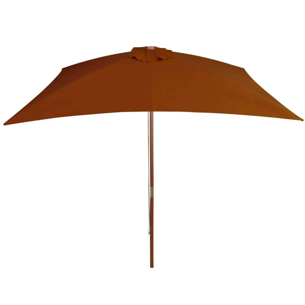 Brauner Regenschirm mit Holzstange, offen. Weißer Hintergrund.
