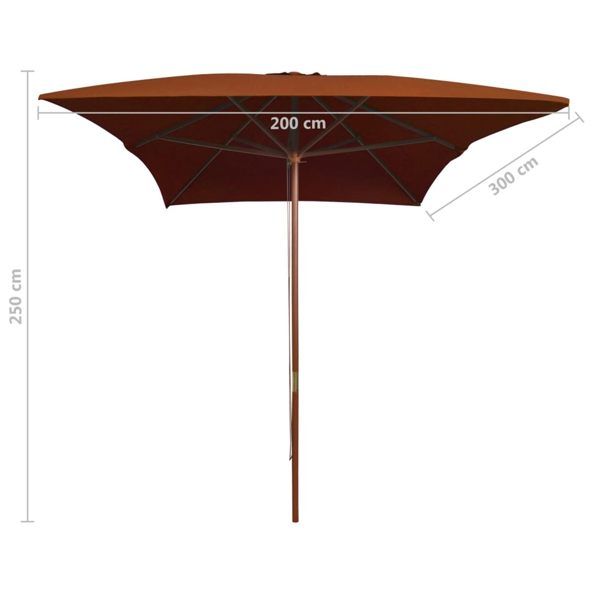 Brauner quadratischer Schirm geöffnet. Maße: 200cm x 300cm x 250cm. Holzpfosten.