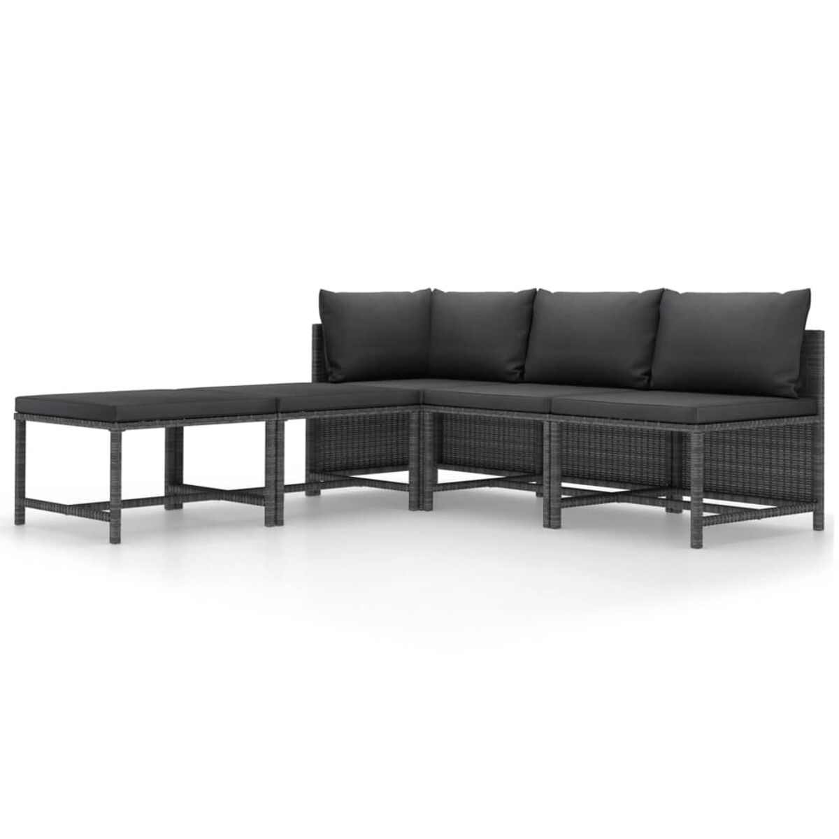 Dunkelgraues Outdoor-Sofaset mit Kissen, vor weißem Hintergrund, schlichtes Design.