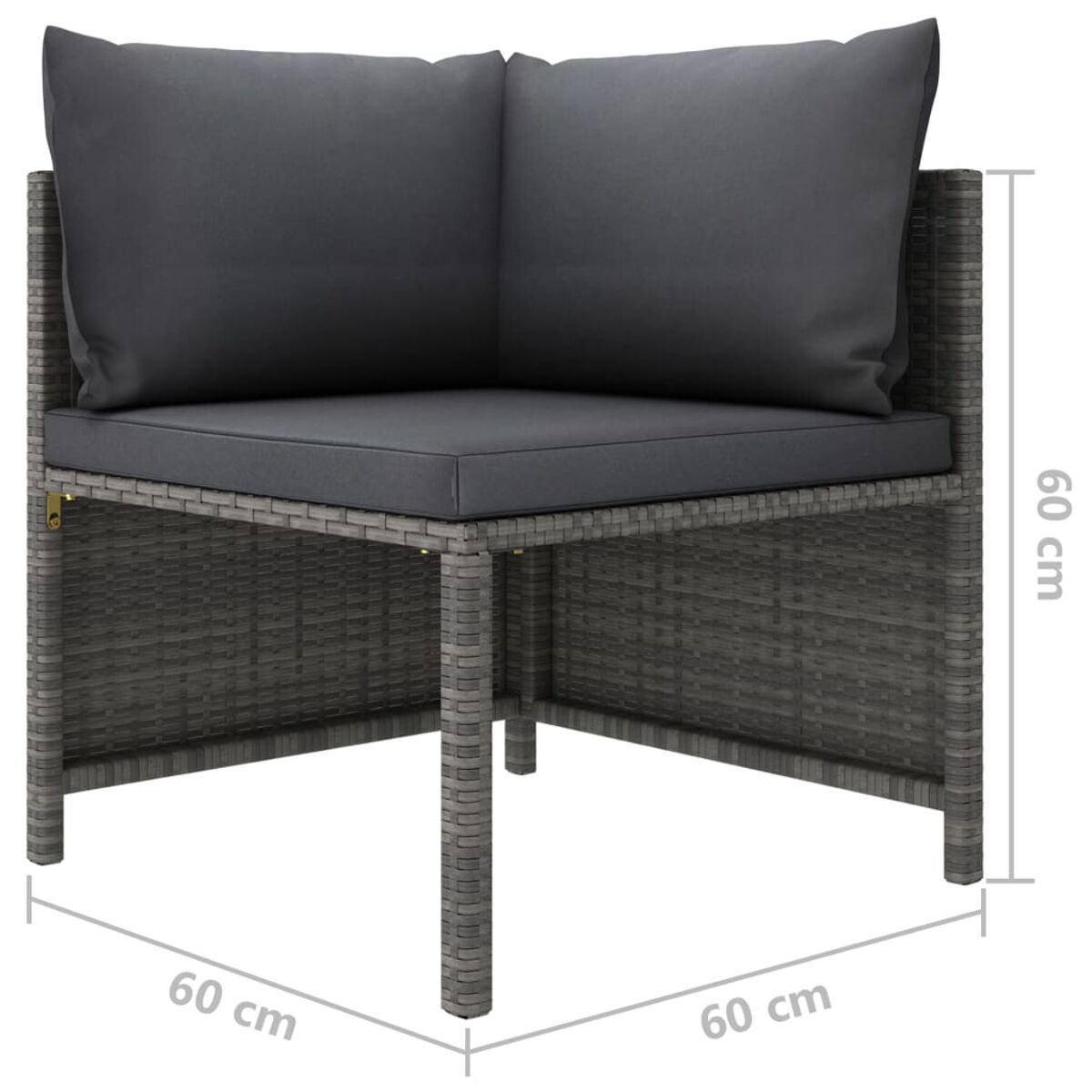 Grauer Rattan-Eckstuhl mit grauem Kissen und Kissen. Abmessungen sind sichtbar. Weißer Hintergrund.