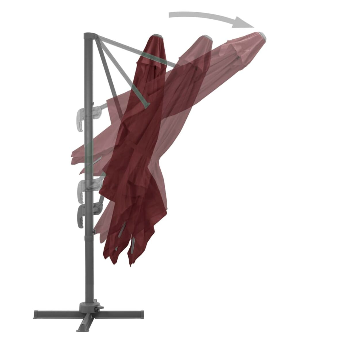 Roter Sonnenschirm in verschiedenen Neigungspositionen, zeigt den Kippmechanismus.