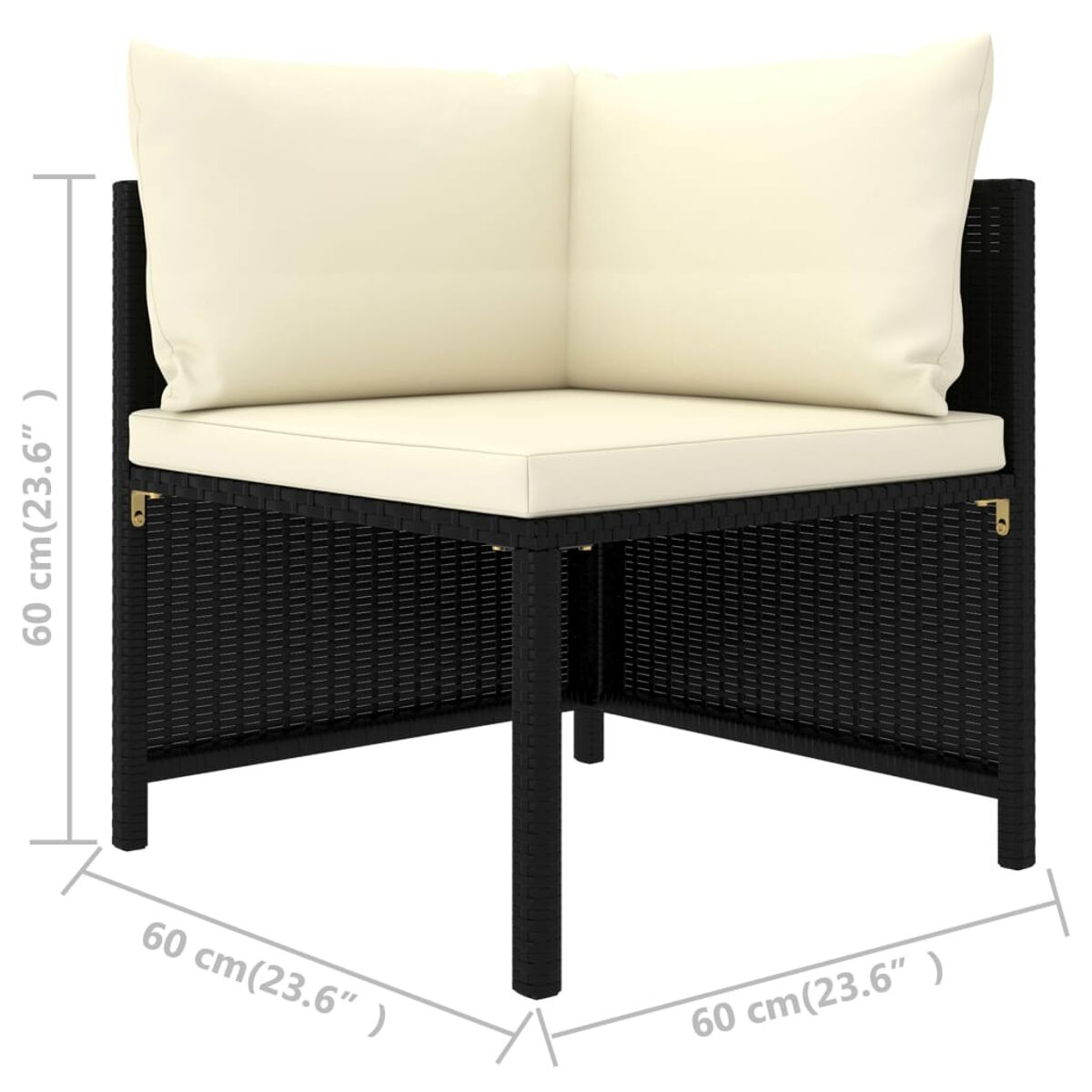 Schwarzes Ecksofa mit cremefarbenen Kissen, mit Maßangaben. Schwarzes Gestell.