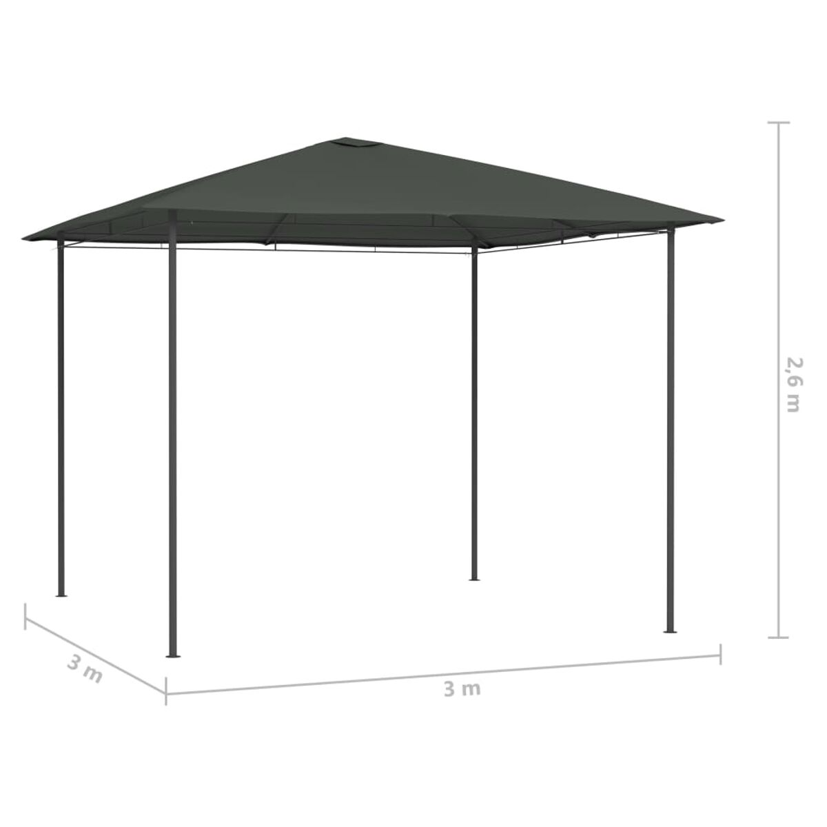 Schwarzer Pavillon mit Spitzdach. Der Pavillon ist 3 Meter breit und 2,6 Meter hoch, Maße angegeben.