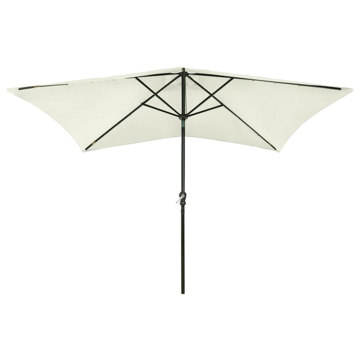 Weißer Regenschirm mit schwarzem Mast. Der Regenschirm ist geöffnet.