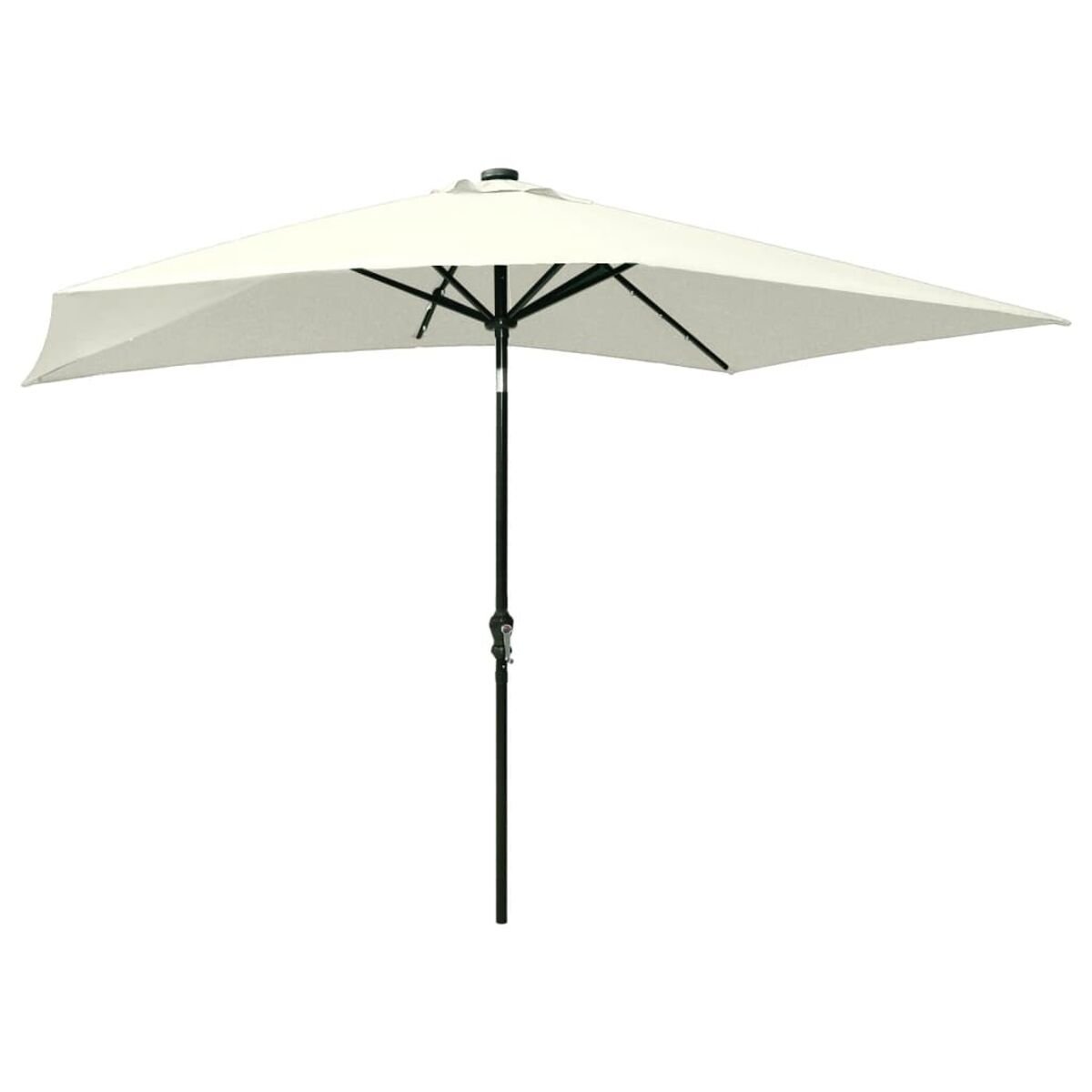 Beiger rechteckiger Regenschirm, geöffnet. Schwarzer Pfahl und Rahmen.