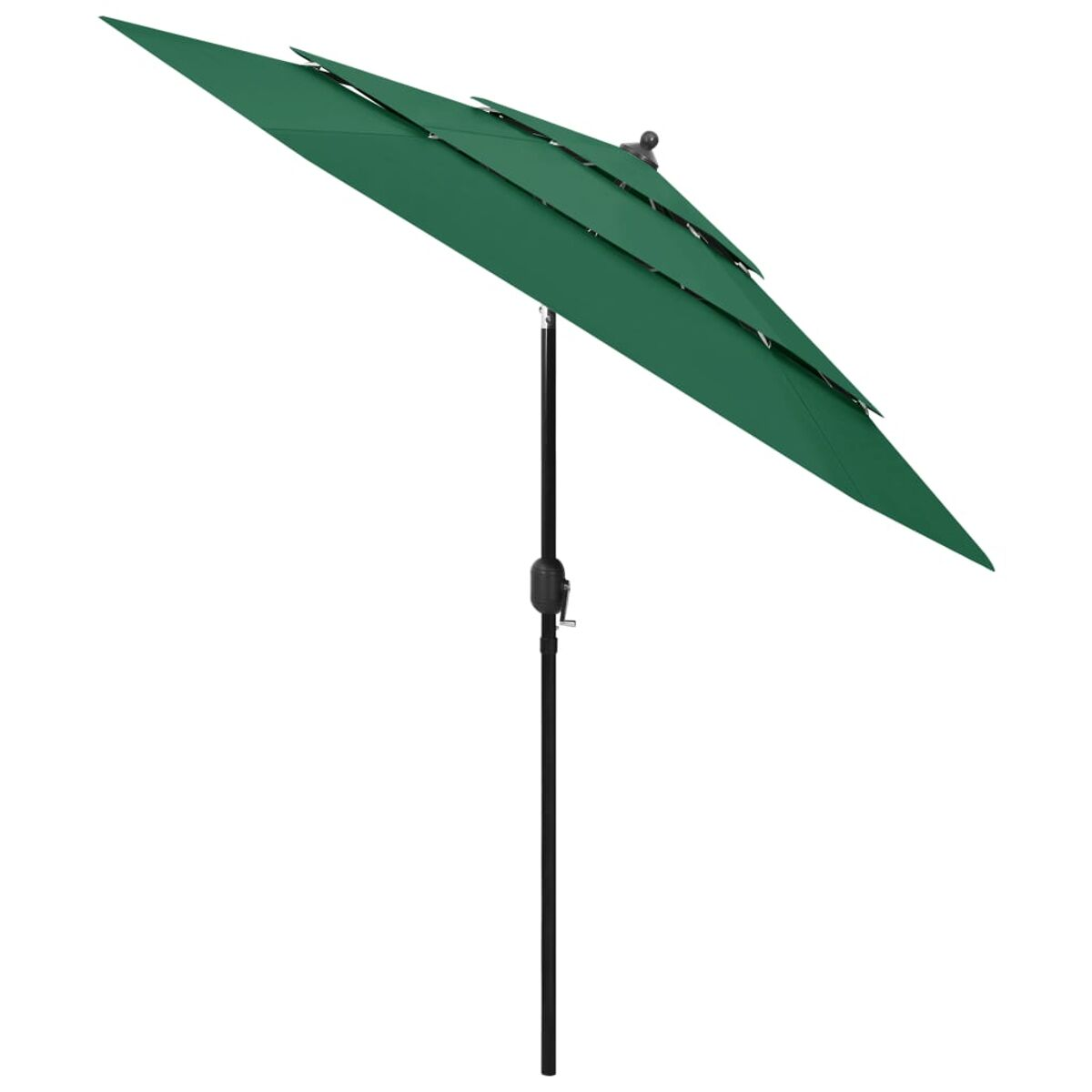 Ein grüner, mehrstufiger Regenschirm, zur Seite geneigt. Er hat einen schwarzen Mast.