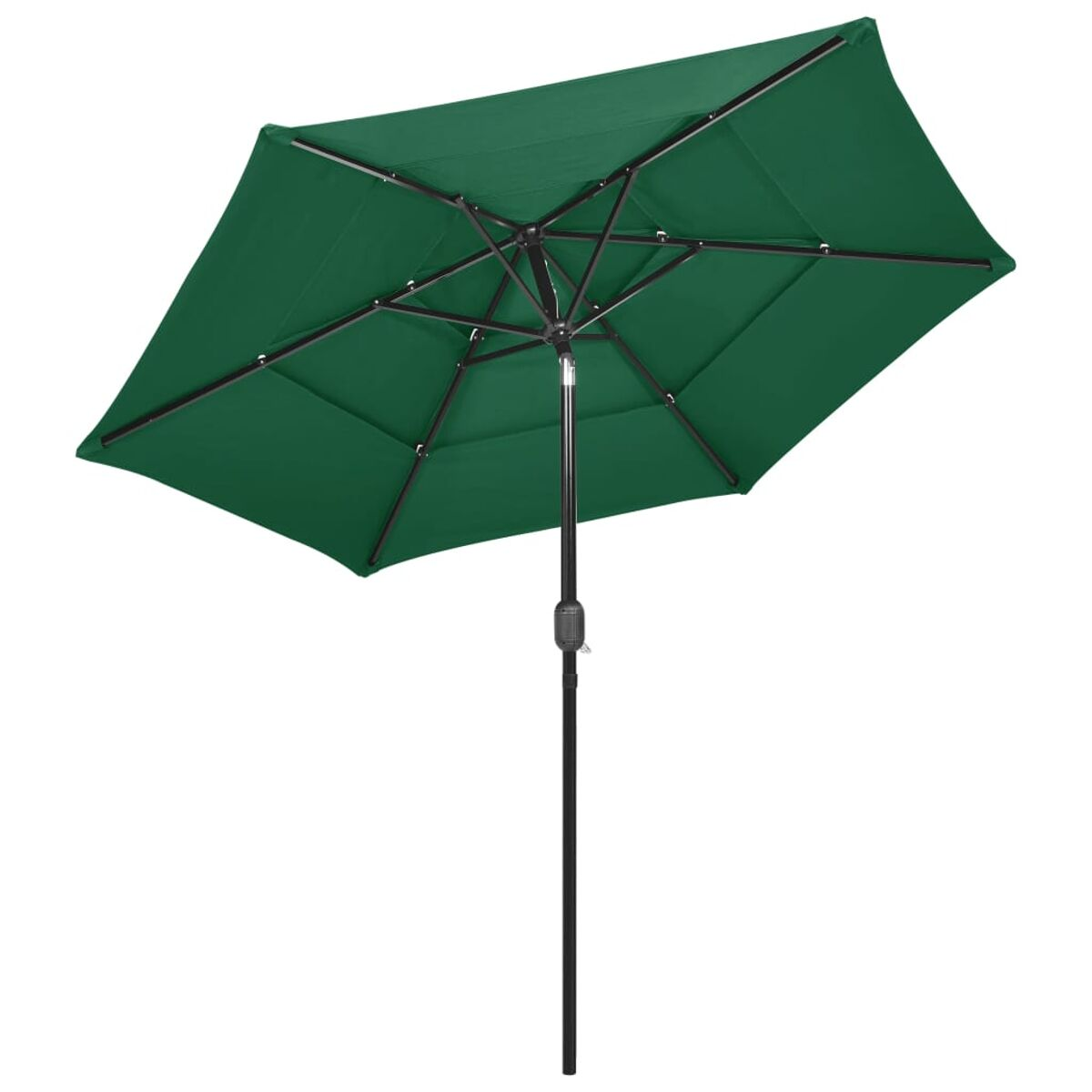 Grüner Sonnenschirm mit schwarzem Mast. Der Schirm ist geöffnet.