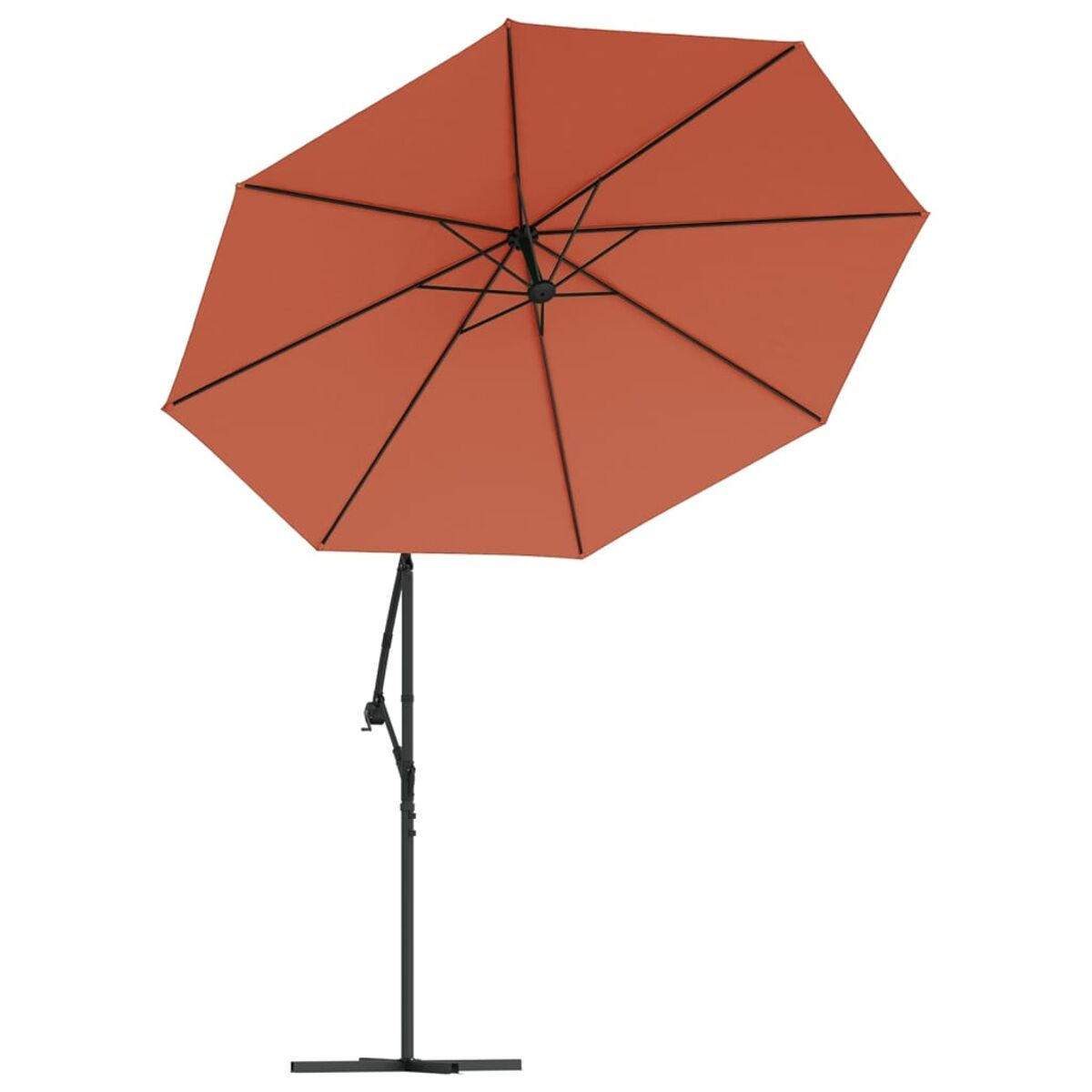 Oranger Ausleger-Sonnenschirm, offen. Schwarze Stange und Basis. Weißer Hintergrund.