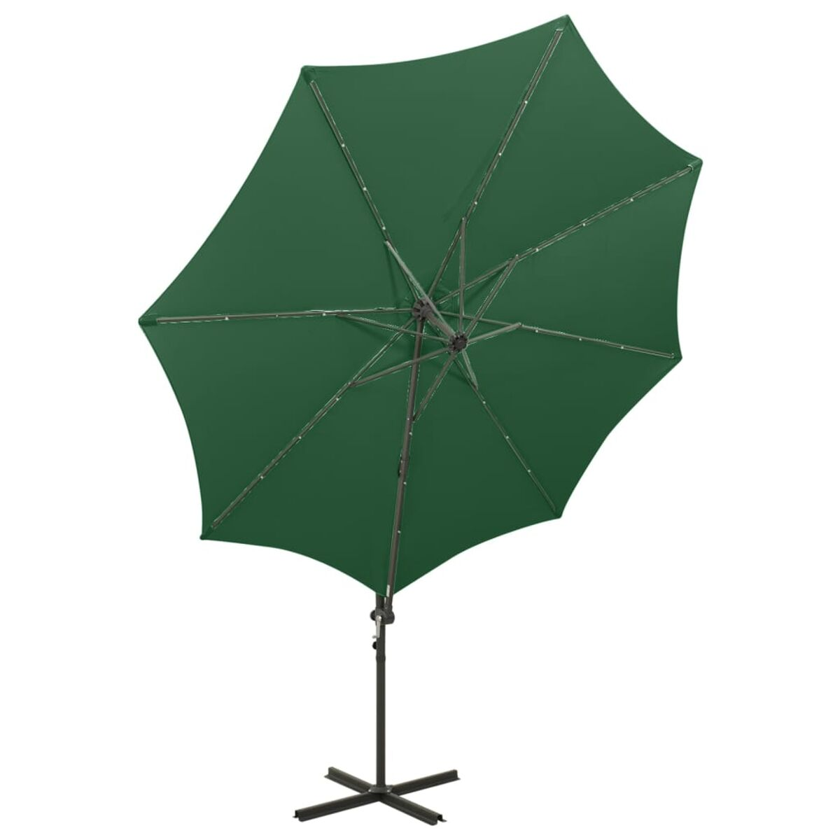 Ein grüner Regenschirm, geöffnet und stehend. Die Rippen sind silberfarben, und die Basis ist schwarz.