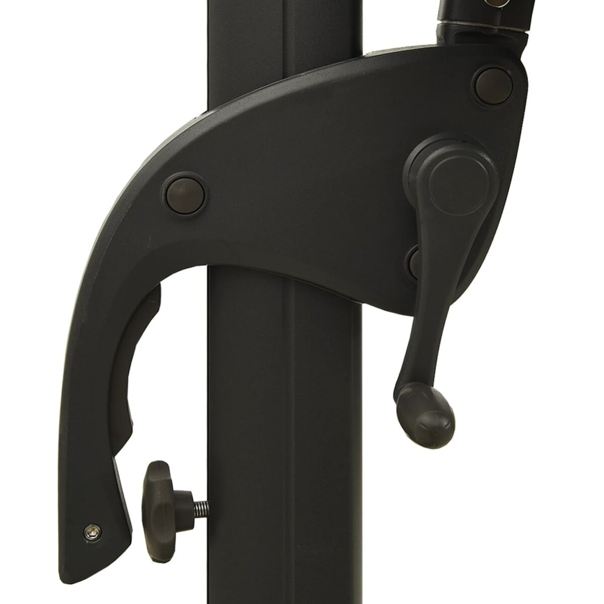 Nahaufnahme des schwarzen Schirmmechanismus mit Kurbel und Griff.