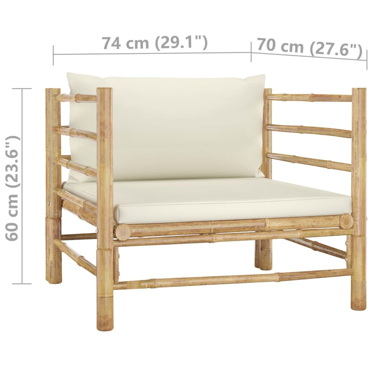 Bambusstuhl mit cremefarbenen Kissen. Maße: 74 cm Breite, 70 cm Tiefe, 60 cm Höhe.