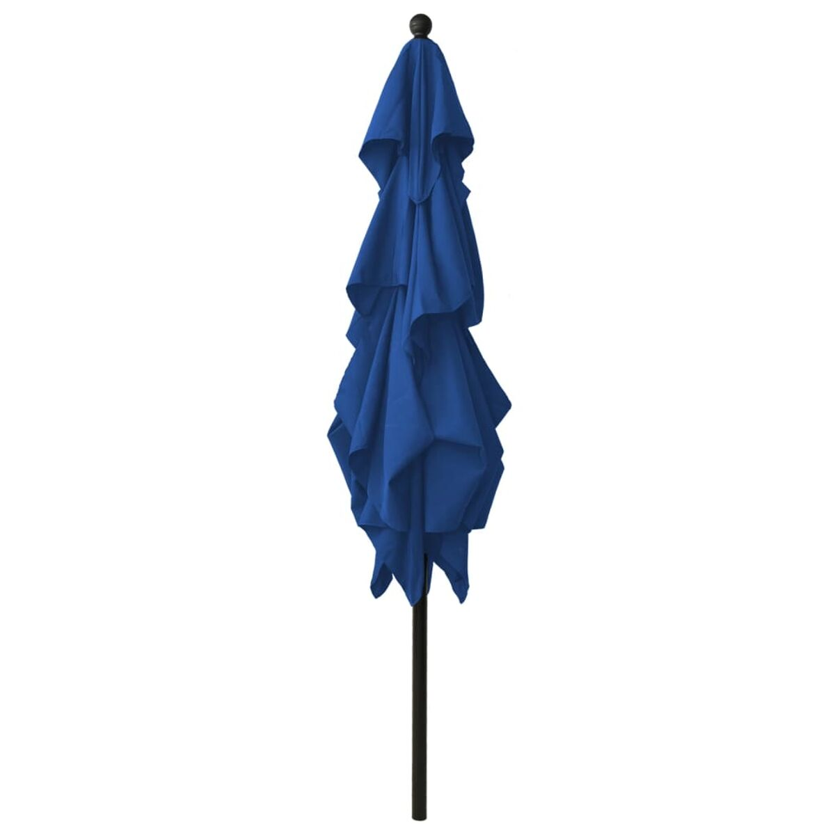Geschlossener, blauer Regenschirm. Schwarzer Pfahl, weißer Hintergrund.