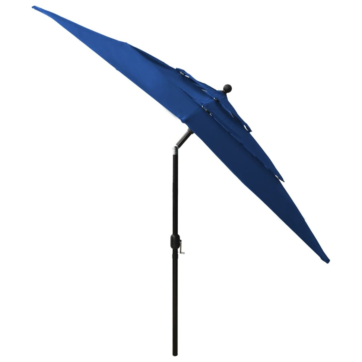 Ein blauer Schirm, geöffnet und abgewinkelt. Er hat einen schwarzen Mast und einen weißen Hintergrund.