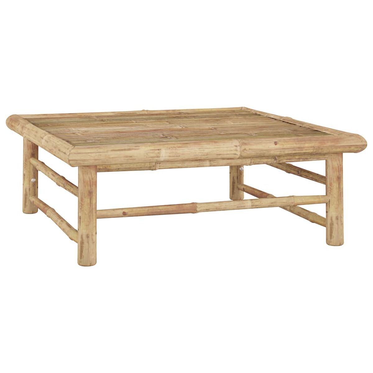Ein hellbrauner quadratischer Couchtisch aus Bambus mit Beinen, von der Seite gesehen.