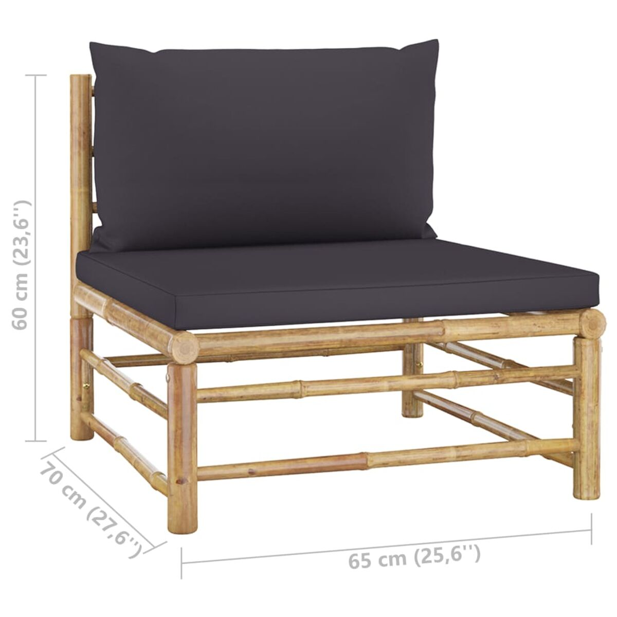 Ein Bambusstuhl mit einem dunkelgrauen Kissen. Abmessungen sind 60x70x65 cm.