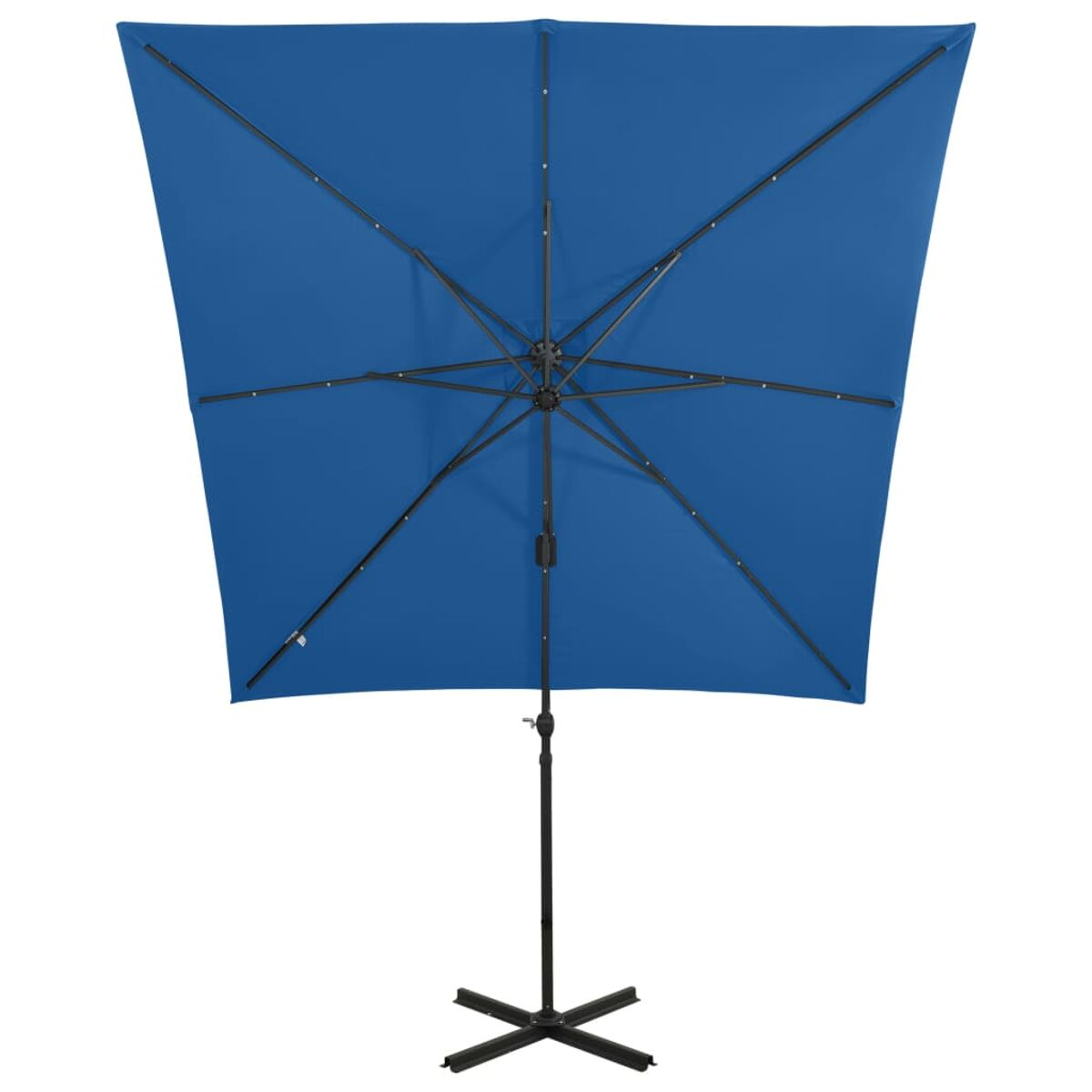 Blauer quadratischer Schirm. Schwarze Stange und Basis. Weißer Hintergrund.