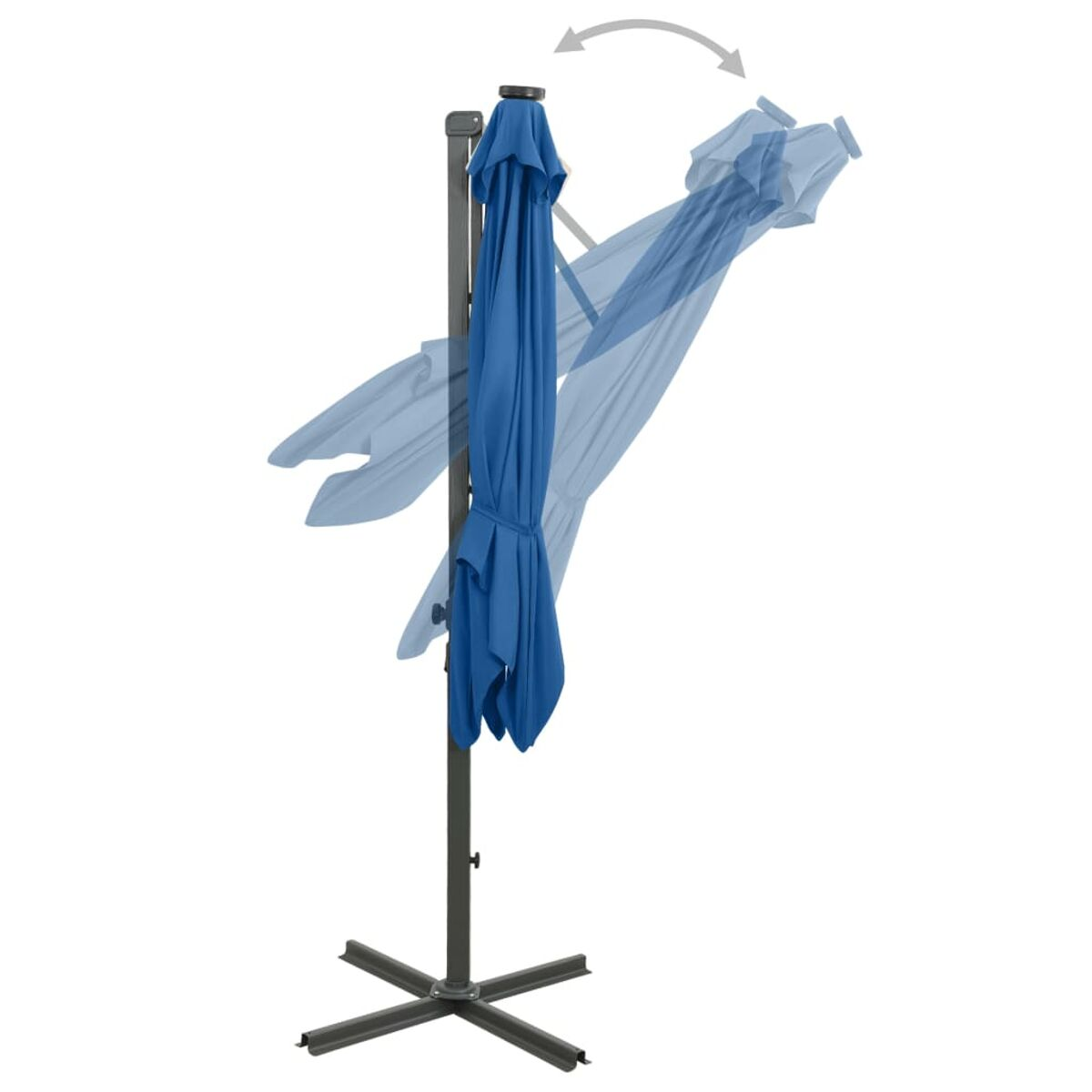 Blauer Ausleger-Sonnenschirm mit Kippbewegung. Schwarzer Pfahl und Sockel. Weißer Hintergrund.