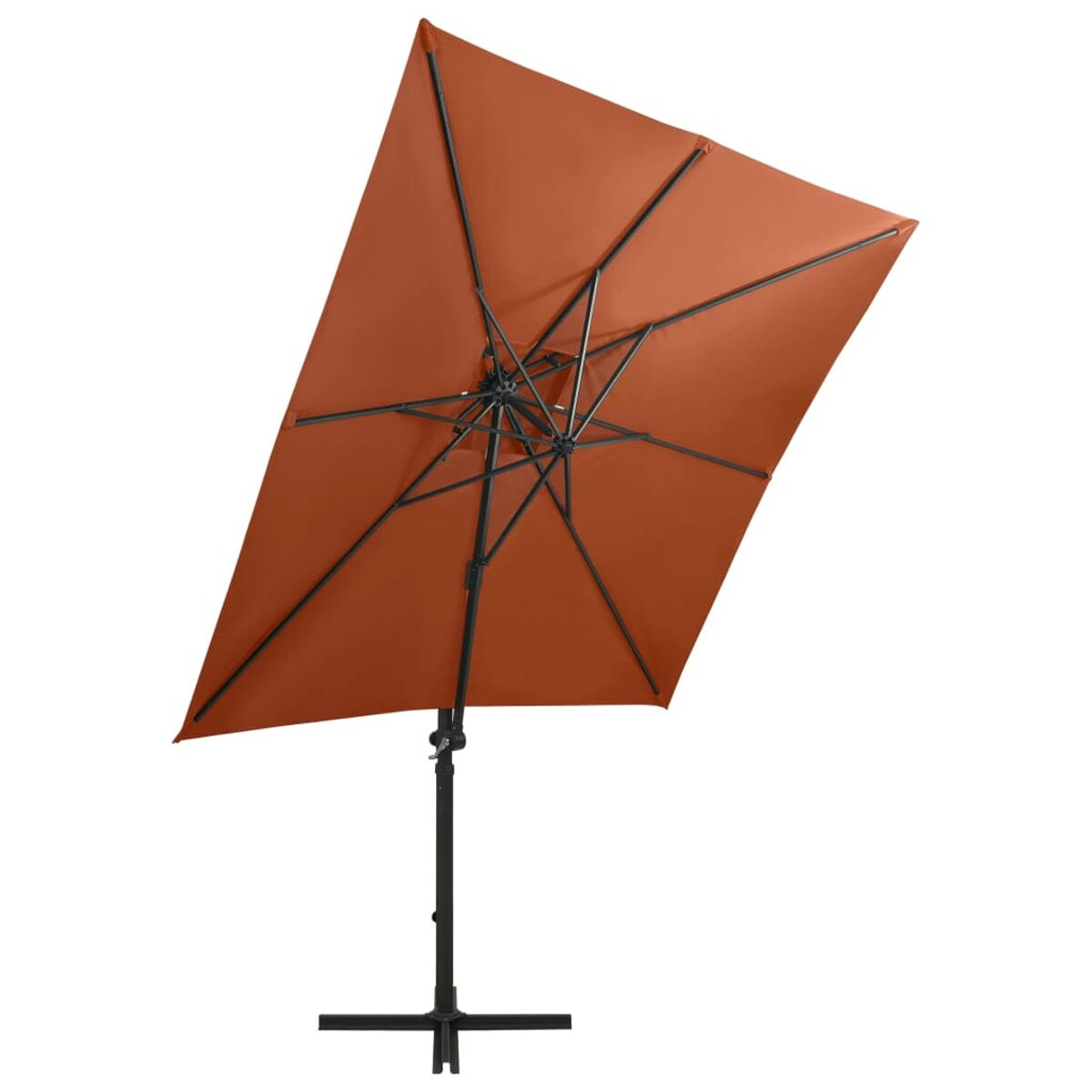 Orangener quadratischer Schirm mit schwarzem Rahmen, geneigt. Weißer Hintergrund.