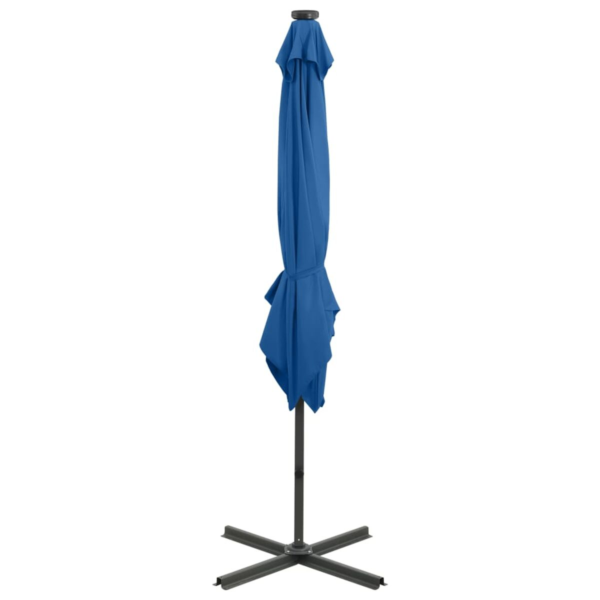 Blauer Schirm geschlossen, auf schwarzem Sockel. Weißer Hintergrund.