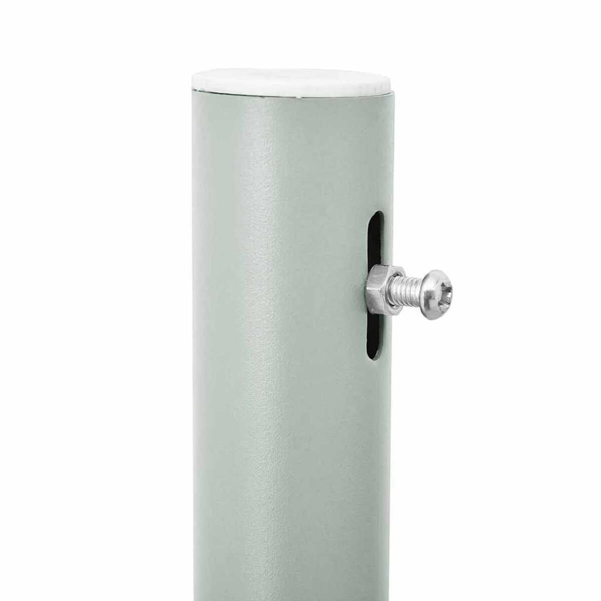Nahaufnahme einer hellgrünen Metallstange mit einer Schraube. Eine Schraube ist in ein Loch eingesetzt.