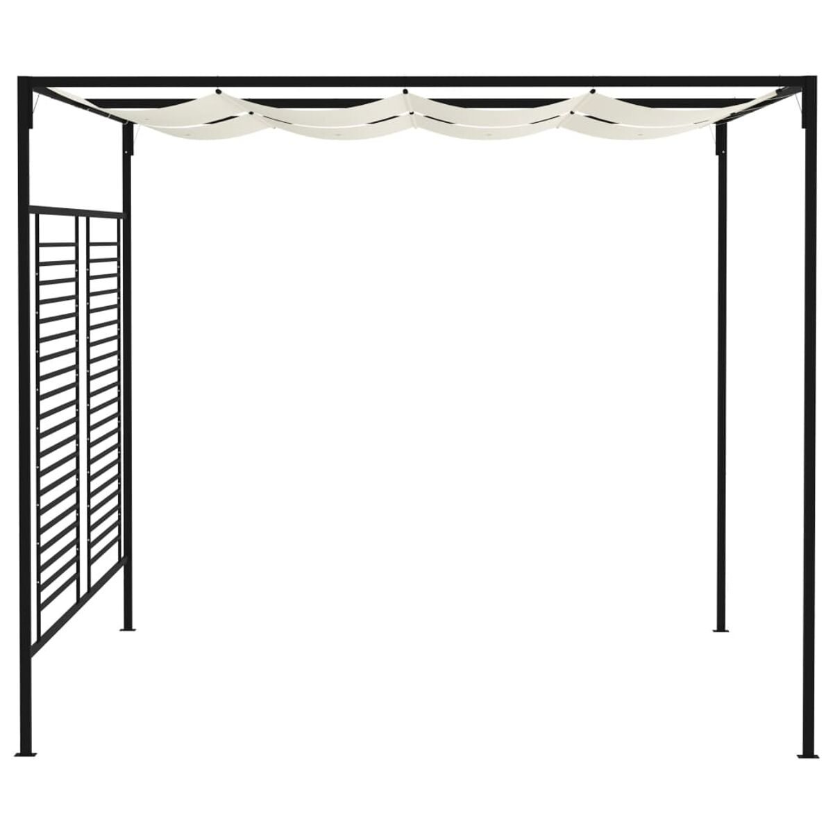 Schwarze Pergola mit weißem Stoffdach, Seitenwanddetails, weißer Hintergrund.