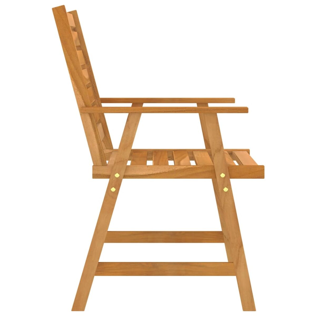 Ein Holzstuhl von der Seite gesehen, mit einer Sitzfläche und Rückenlehne aus Lamellen, Armlehnen und abgewinkelten Beinen.