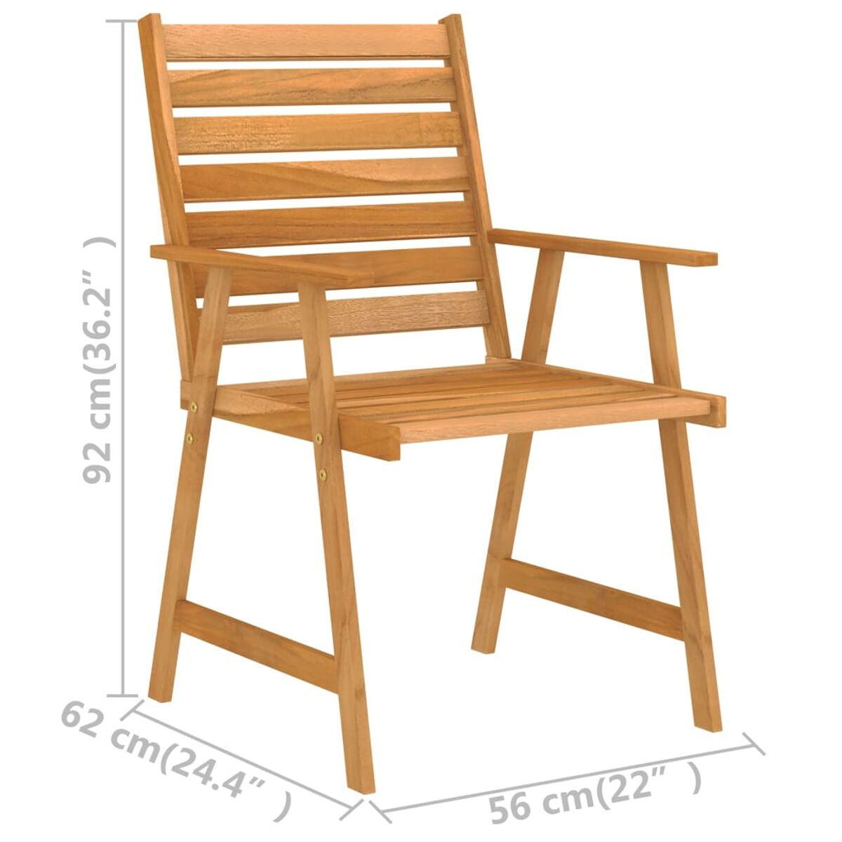 Holzstuhl mit beschrifteten Abmessungen, zeigt Sitz, Rückenlehne und Armlehnen.