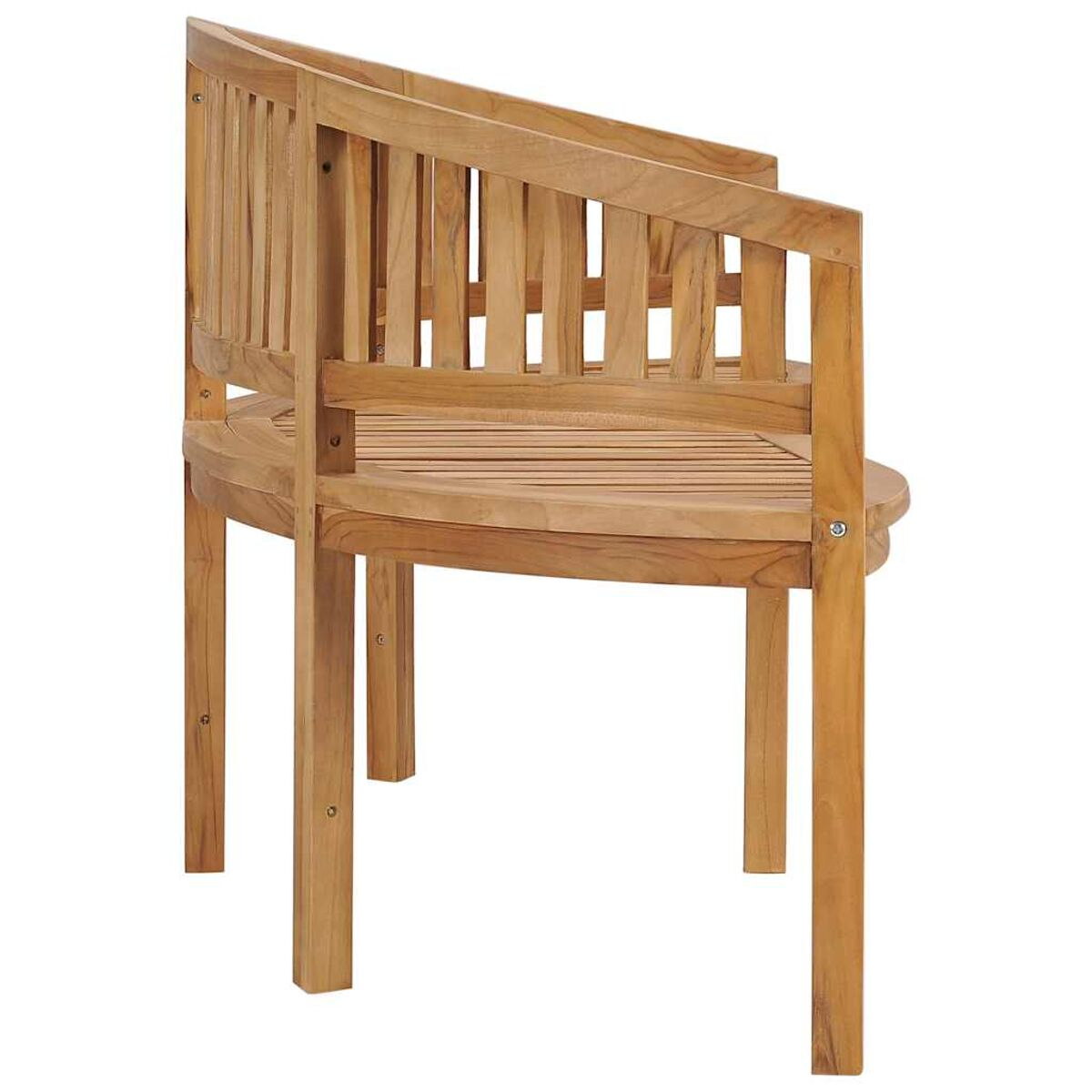 Holz-Außenstuhl mit geschwungener Rückenlehne und Armlehnen. Hellbraune Farbe.