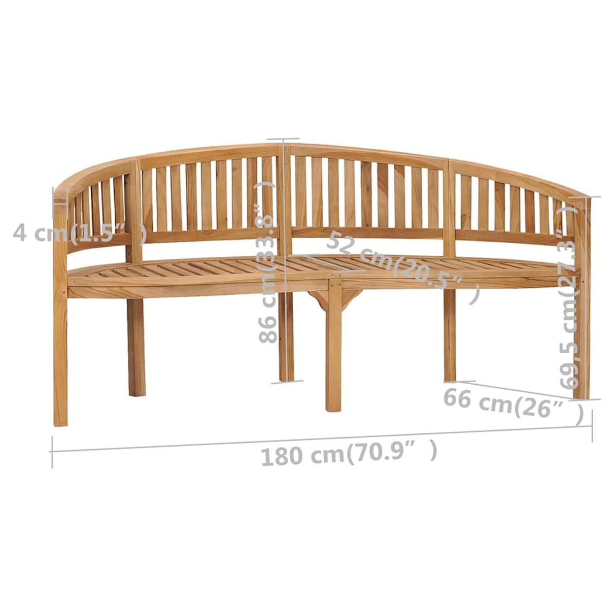 Gartenbank aus Holz mit Maßen. Sie hat eine geschwungene Rückenlehne und ein Latten-Design.