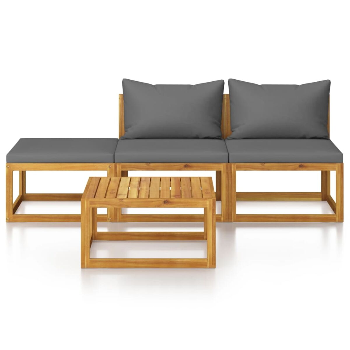 Ein Holz-Outdoor-Sofaset mit grauen Kissen und einem kleinen Couchtisch.