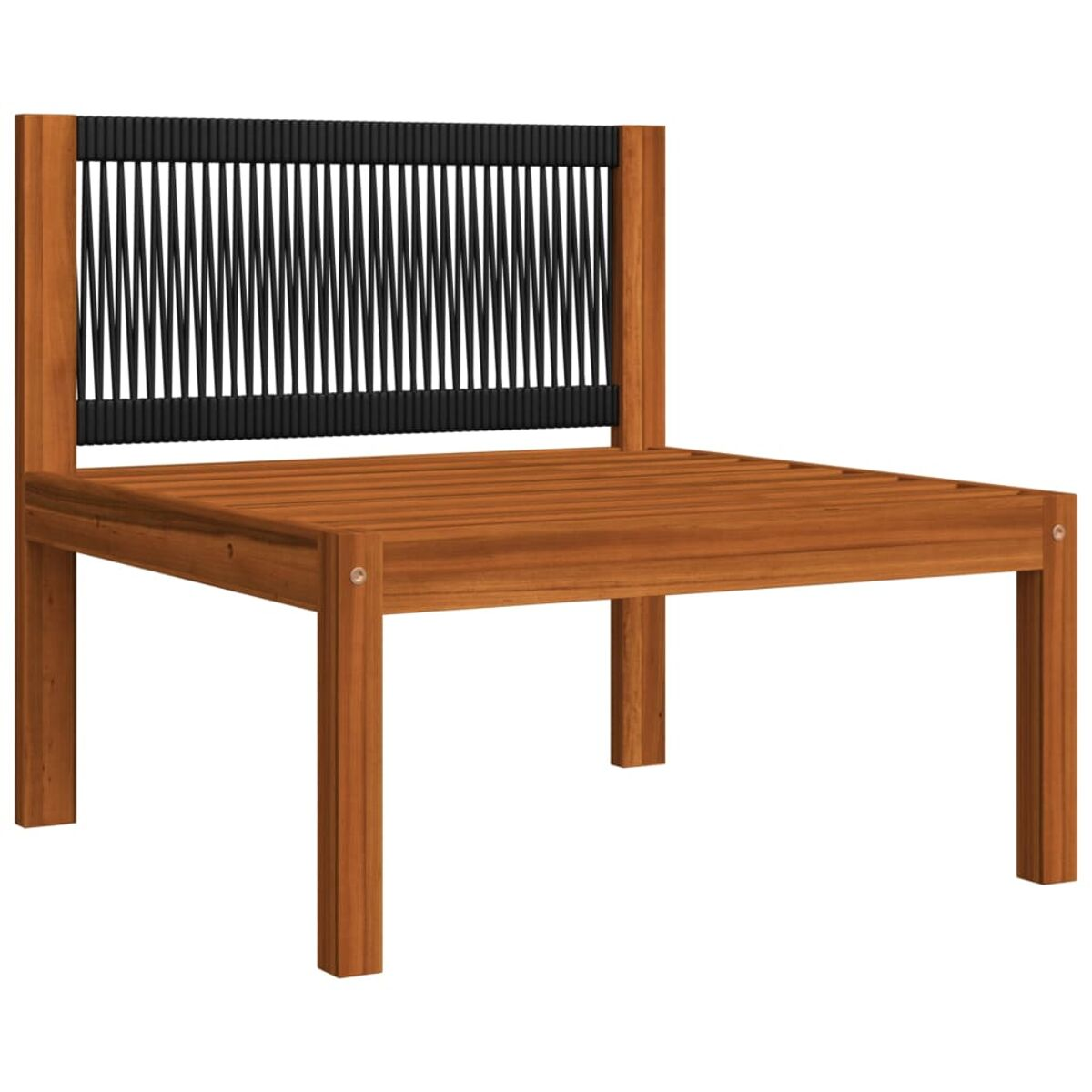 Holzstuhl mit schwarzem Seilrücken. Der Stuhl hat ein einfaches, robustes Design.