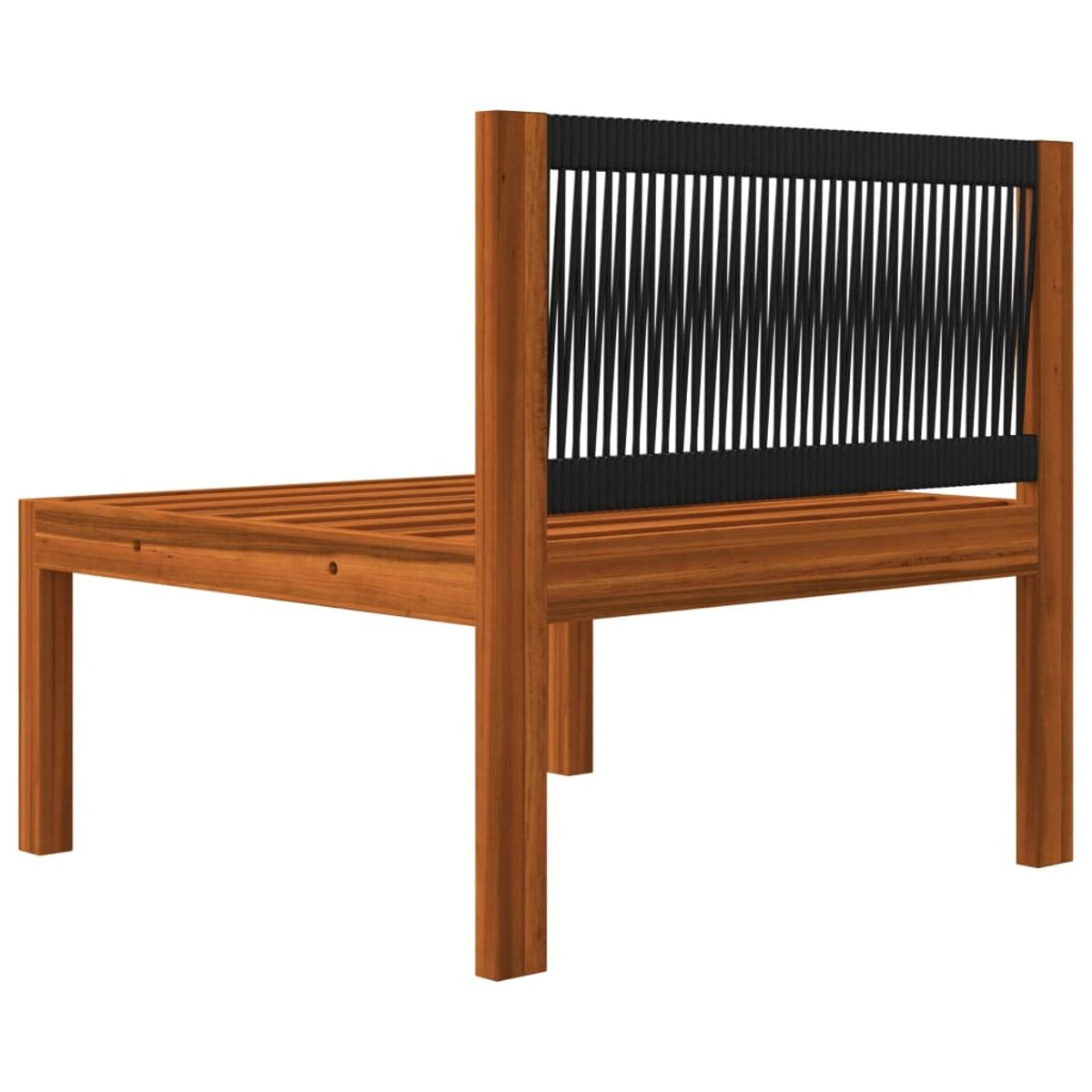 Ein hölzernes Tagesbett mit schwarzem, gewebtem Rücken. Der Rahmen ist aus Holz gefertigt, die Sitzfläche ist lattenartig.