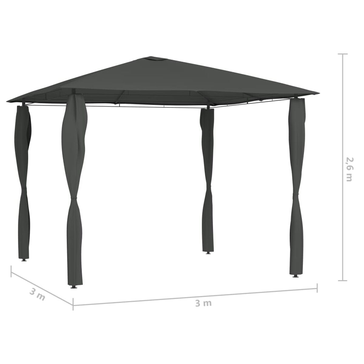 Ein dunkelgrauer Pavillon mit Vorhängen, getragen von vier Beinen, mit Abmessungen und weißem Hintergrund.