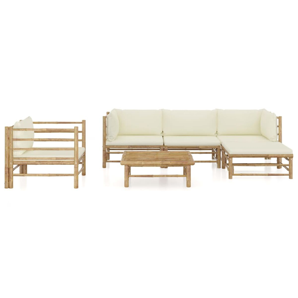 Ein Bambus-Sofaset, bestehend aus einem Sofa, einem Stuhl und einem Tisch, weißer Hintergrund.