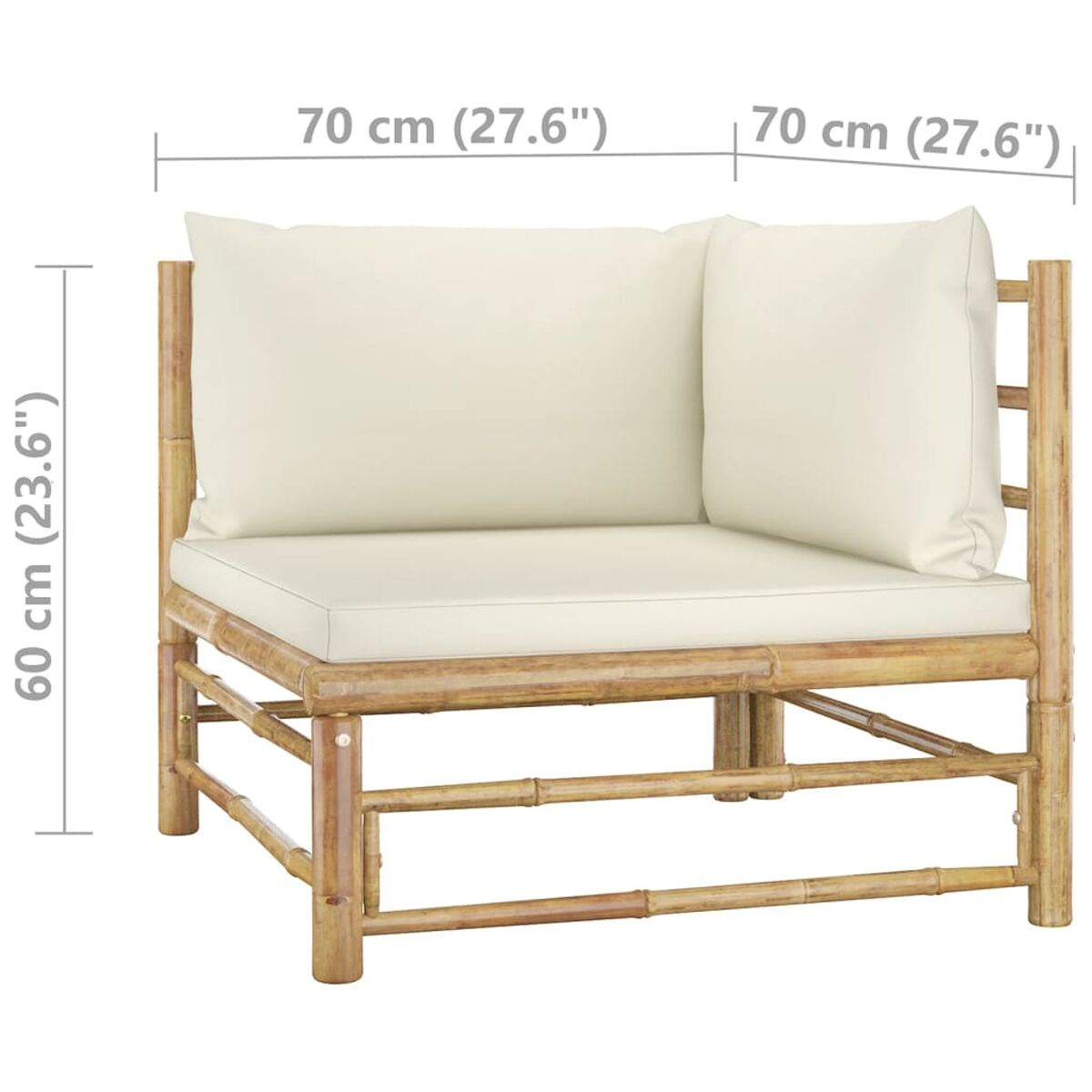 Bambus-Eckstuhl mit weißen Kissen. Abmessungen: 70x60cm. Beige Kissen.