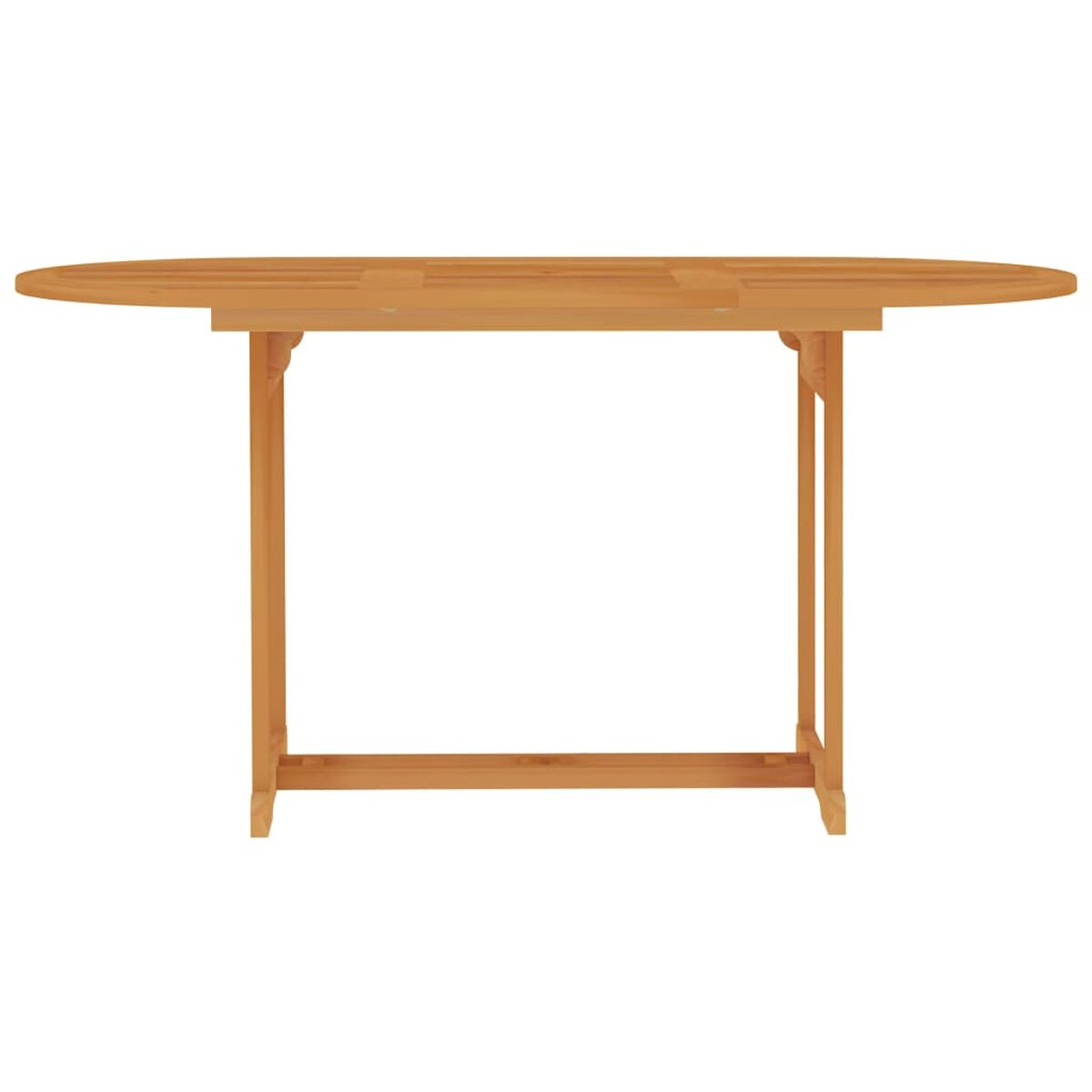 Ein heller Holztisch mit rechteckiger Platte, getragen von einem Rahmen. Weißer Hintergrund.